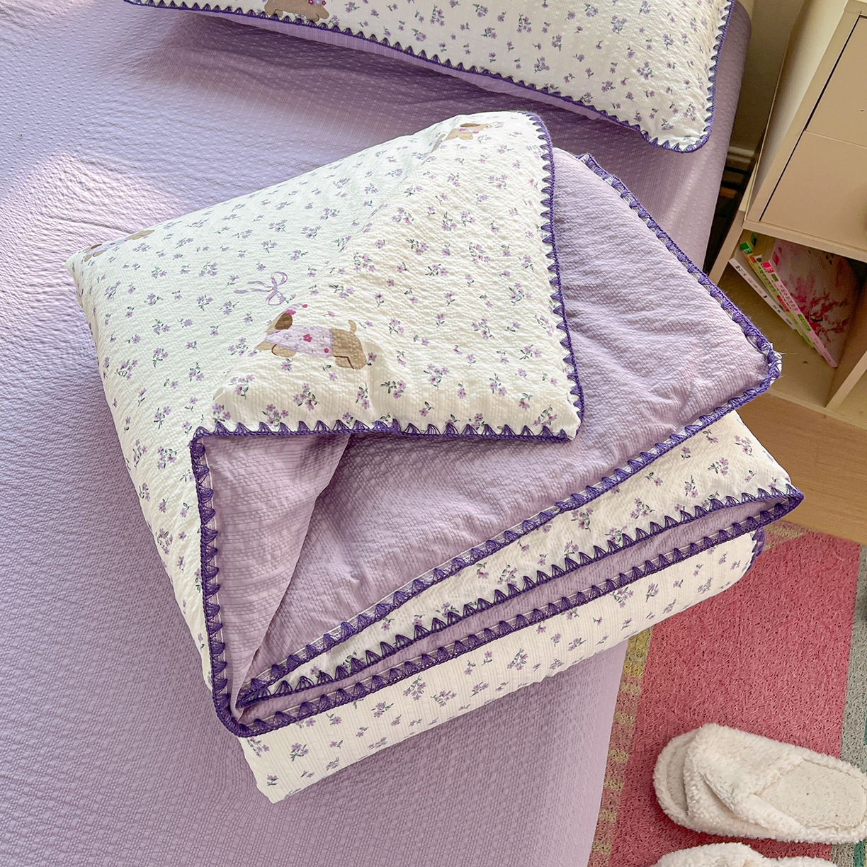 91家纺网 家纺一手货源 找家纺 （总）恒尚居 2026新款A类泡芙纱贝壳边夏被夏凉被四件套空调被三角针绣边