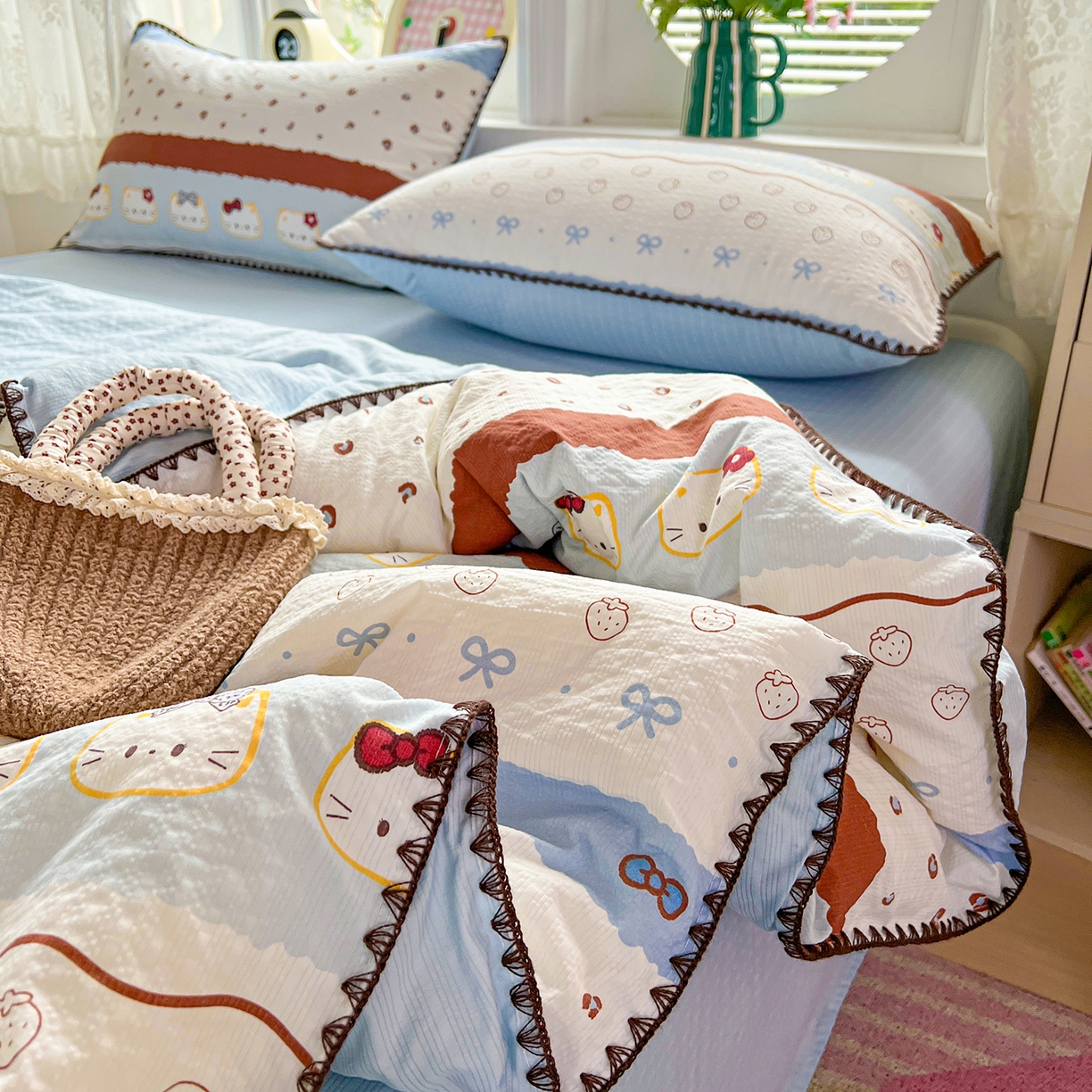 91家纺网 家纺一手货源 找家纺 恒尚居 2026新款A类泡芙纱贝壳边夏被夏凉被四件套空调被三角针绣边 【波点奶芙】贝壳边