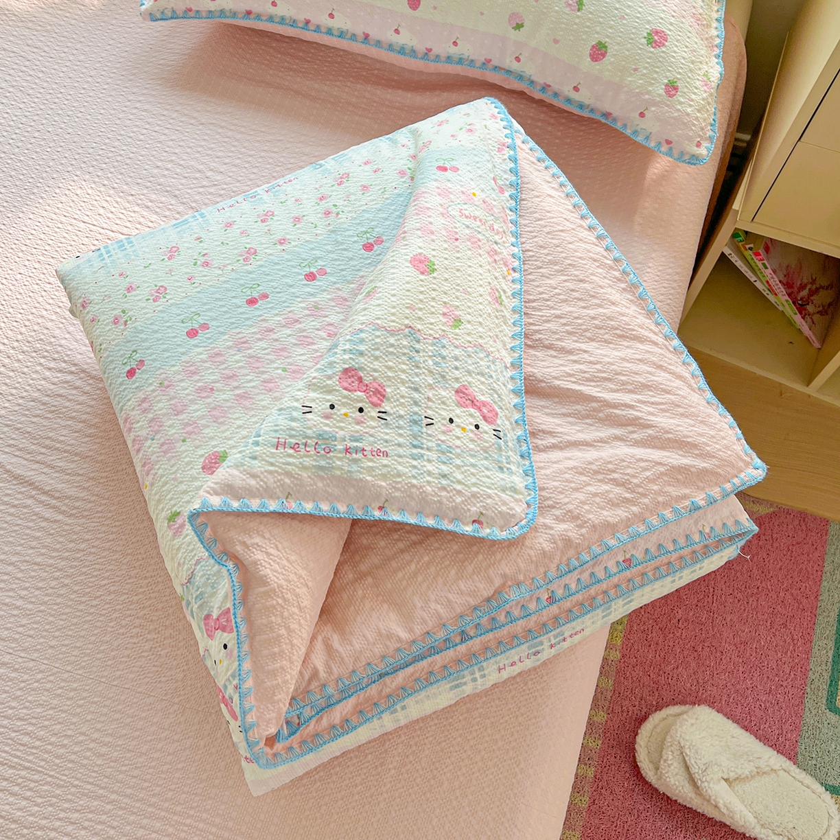 恒尚居 2026新款A类泡芙纱贝壳边夏被夏凉被四件套空调被三角针绣边 【草莓KT】贝壳边