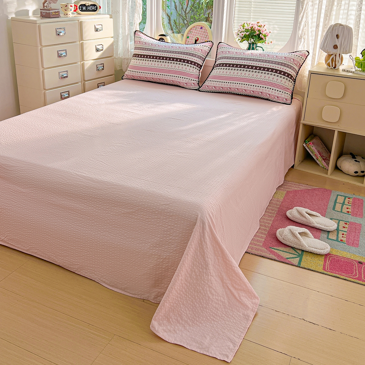 91家纺网 家纺一手货源 找家纺 恒尚居 2026新款A类泡芙纱贝壳边夏被夏凉被四件套空调被三角针绣边 【粉糖泡泡猫】贝壳边