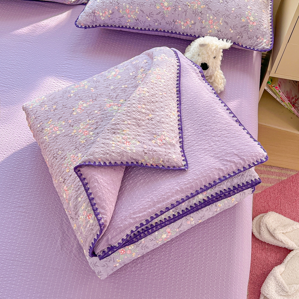 恒尚居 2026新款A类泡芙纱贝壳边夏被夏凉被四件套空调被三角针绣边 【花间紫】贝壳边