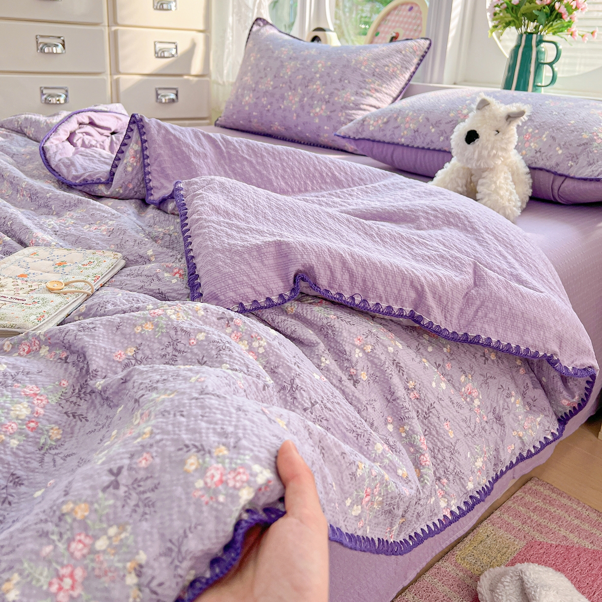 91家纺网 家纺一手货源 找家纺 恒尚居 2026新款A类泡芙纱贝壳边夏被夏凉被四件套空调被三角针绣边 【花间紫】贝壳边