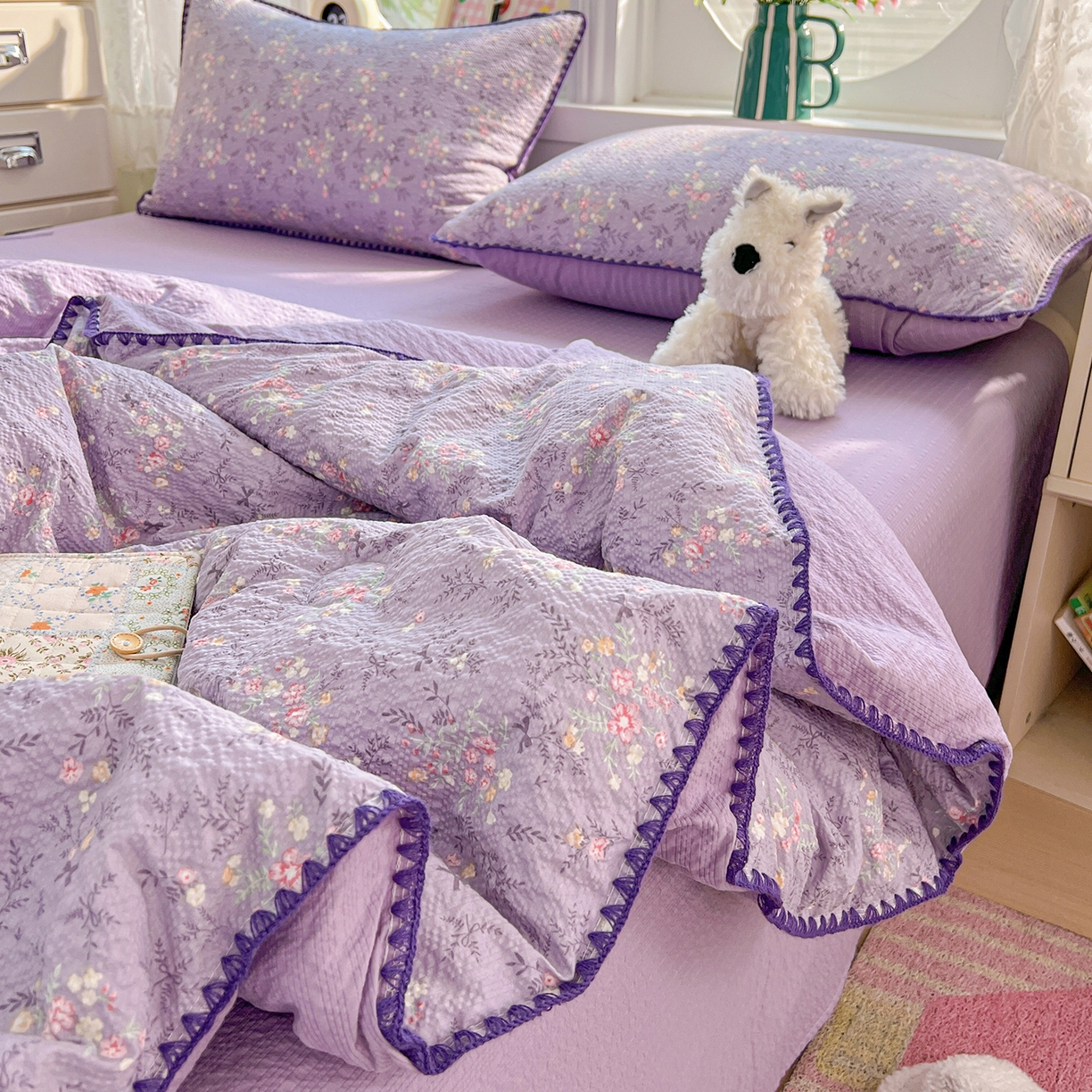 91家纺网 家纺一手货源 找家纺 恒尚居 2026新款A类泡芙纱贝壳边夏被夏凉被四件套空调被三角针绣边 【花间紫】贝壳边