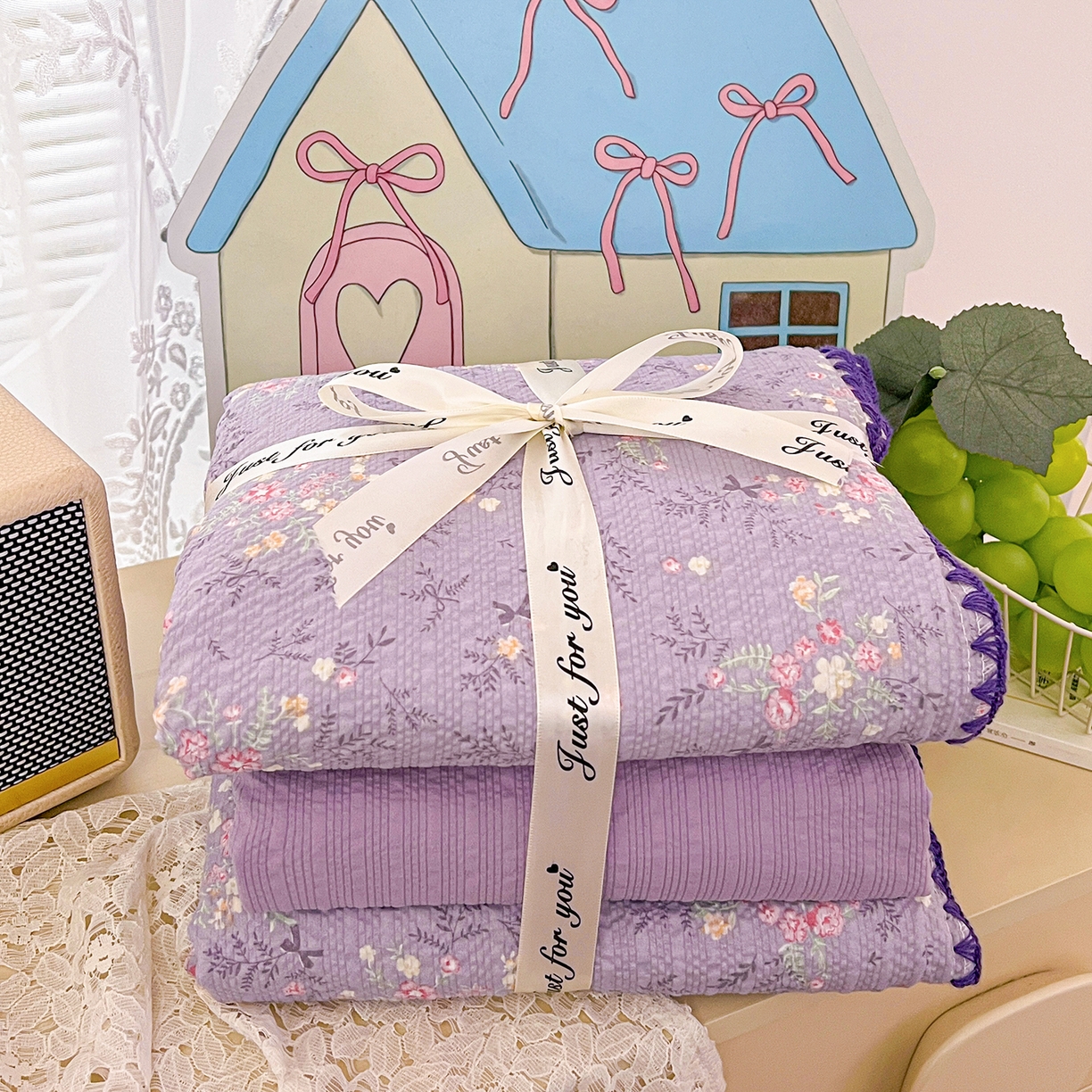 91家纺网 家纺一手货源 找家纺 恒尚居 2026新款A类泡芙纱贝壳边夏被夏凉被四件套空调被三角针绣边 【花间紫】贝壳边