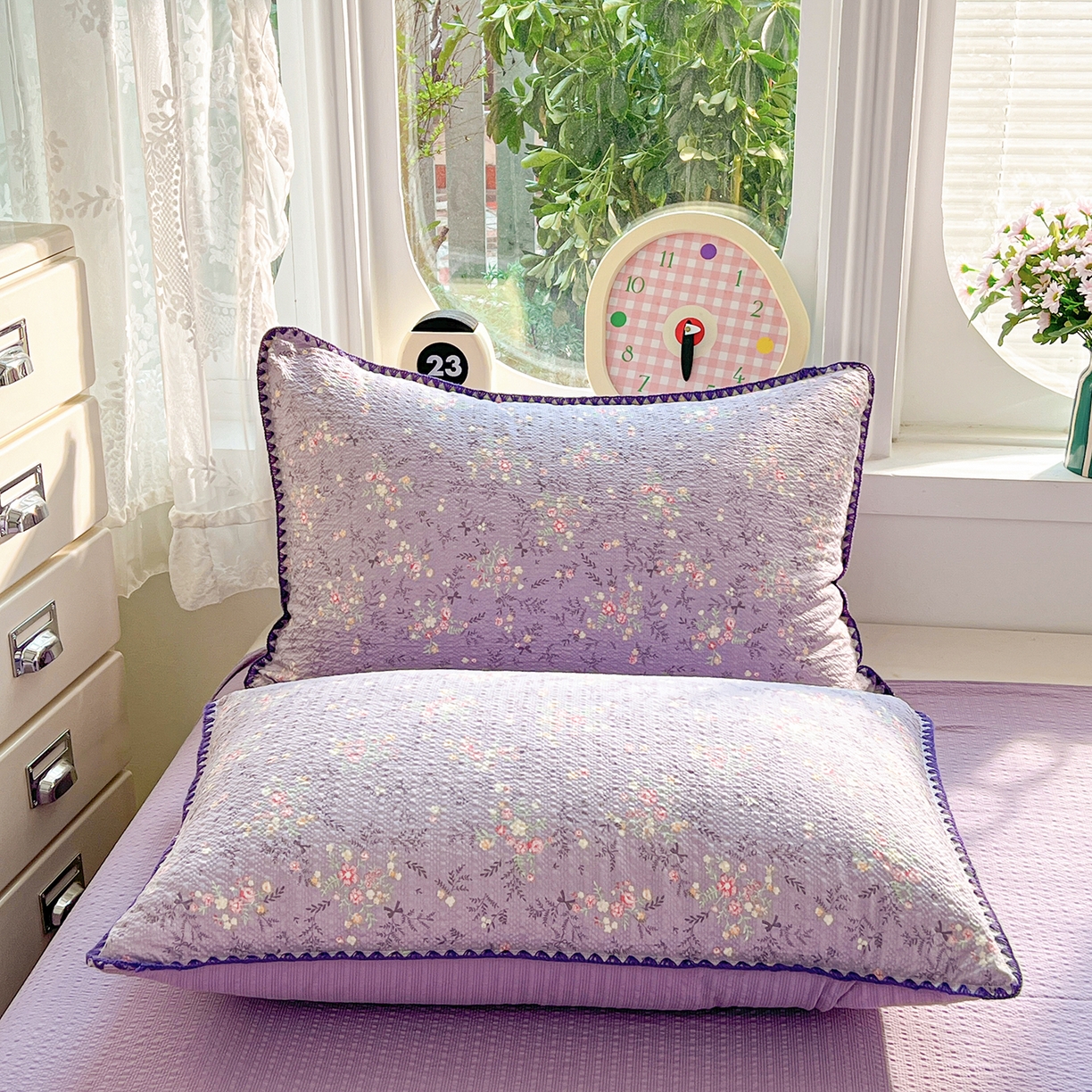 91家纺网 家纺一手货源 找家纺 恒尚居 2026新款A类泡芙纱贝壳边夏被夏凉被四件套空调被三角针绣边 【花间紫】贝壳边