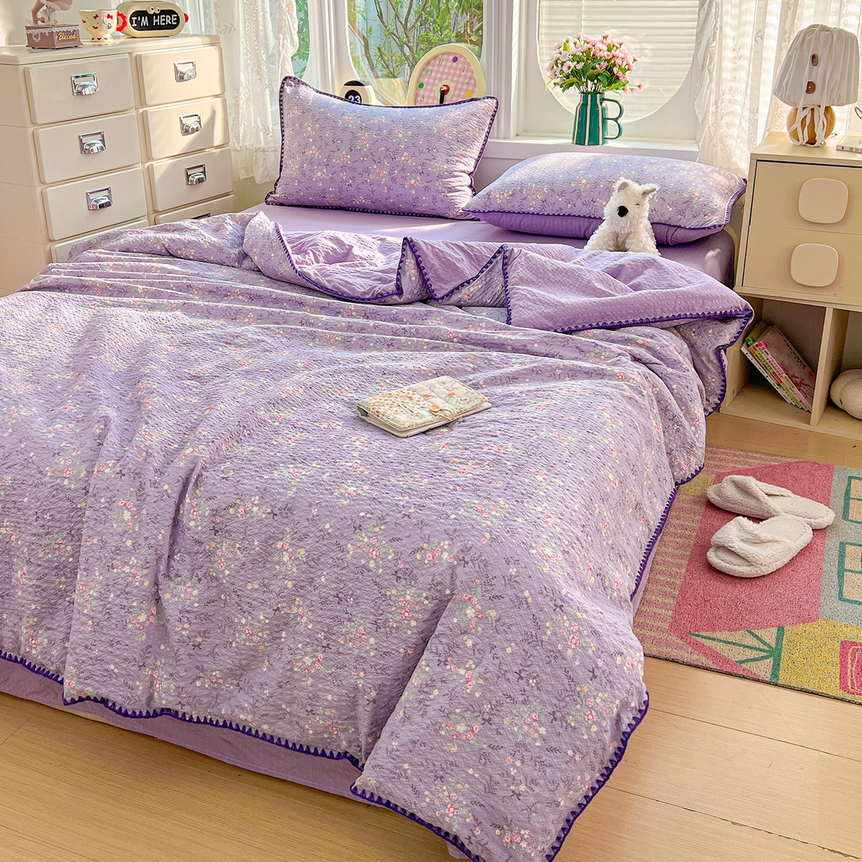 91家纺网 家纺一手货源 找家纺 恒尚居 2026新款A类泡芙纱贝壳边夏被夏凉被四件套空调被三角针绣边 【花间紫】贝壳边