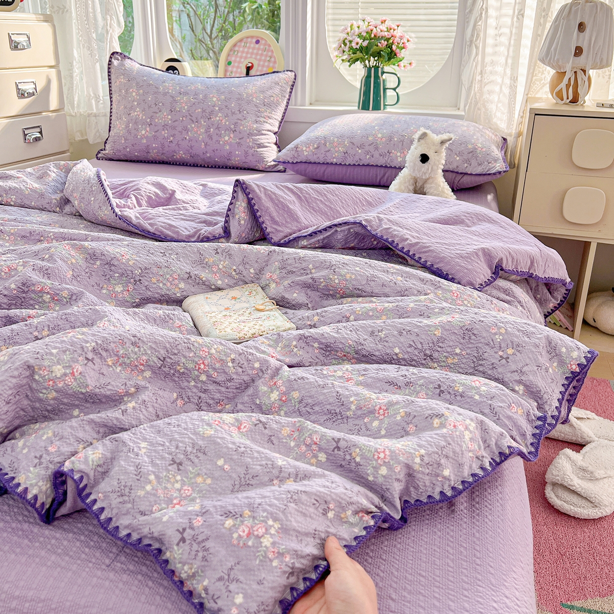 91家纺网 家纺一手货源 找家纺 恒尚居 2026新款A类泡芙纱贝壳边夏被夏凉被四件套空调被三角针绣边 【花间紫】贝壳边