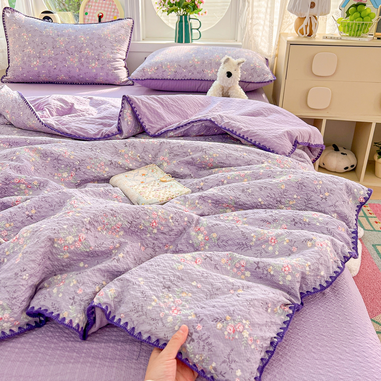 91家纺网 家纺一手货源 找家纺 恒尚居 2026新款A类泡芙纱贝壳边夏被夏凉被四件套空调被三角针绣边 【花间紫】贝壳边