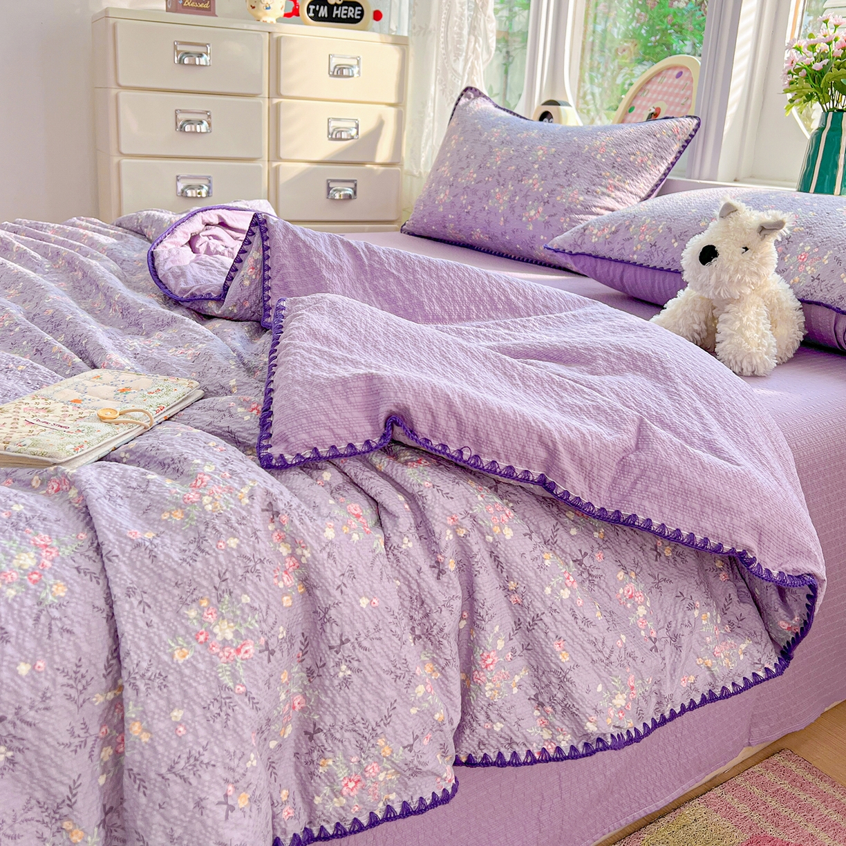 91家纺网 家纺一手货源 找家纺 恒尚居 2026新款A类泡芙纱贝壳边夏被夏凉被四件套空调被三角针绣边 【花间紫】贝壳边