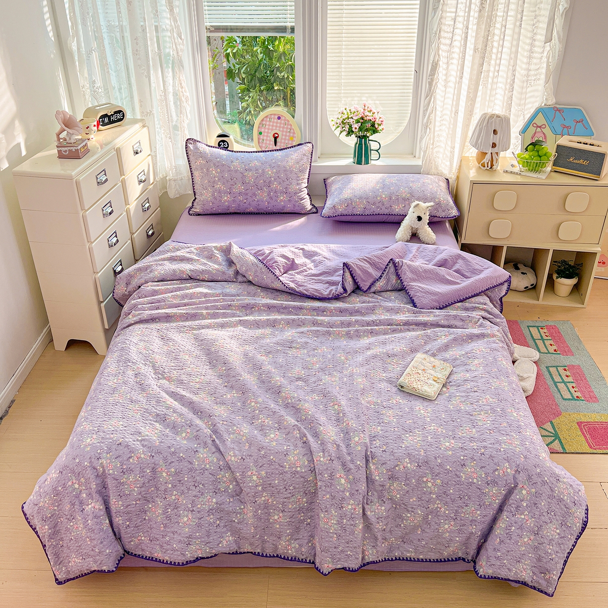 91家纺网 家纺一手货源 找家纺 恒尚居 2026新款A类泡芙纱贝壳边夏被夏凉被四件套空调被三角针绣边 【花间紫】贝壳边