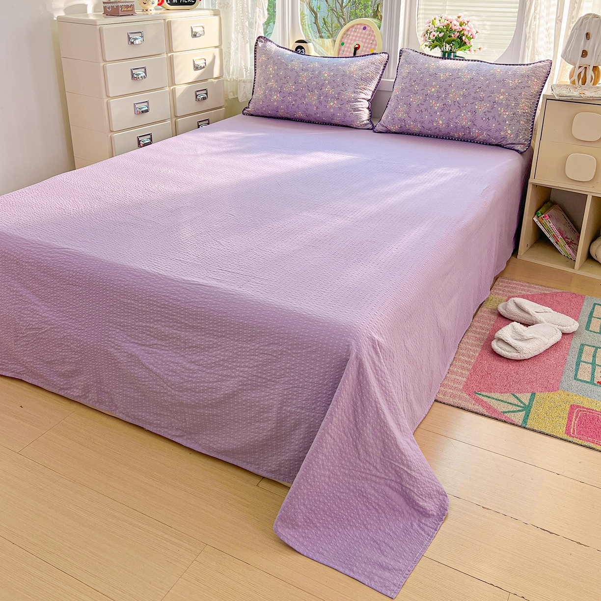 91家纺网 家纺一手货源 找家纺 恒尚居 2026新款A类泡芙纱贝壳边夏被夏凉被四件套空调被三角针绣边 【花间紫】贝壳边