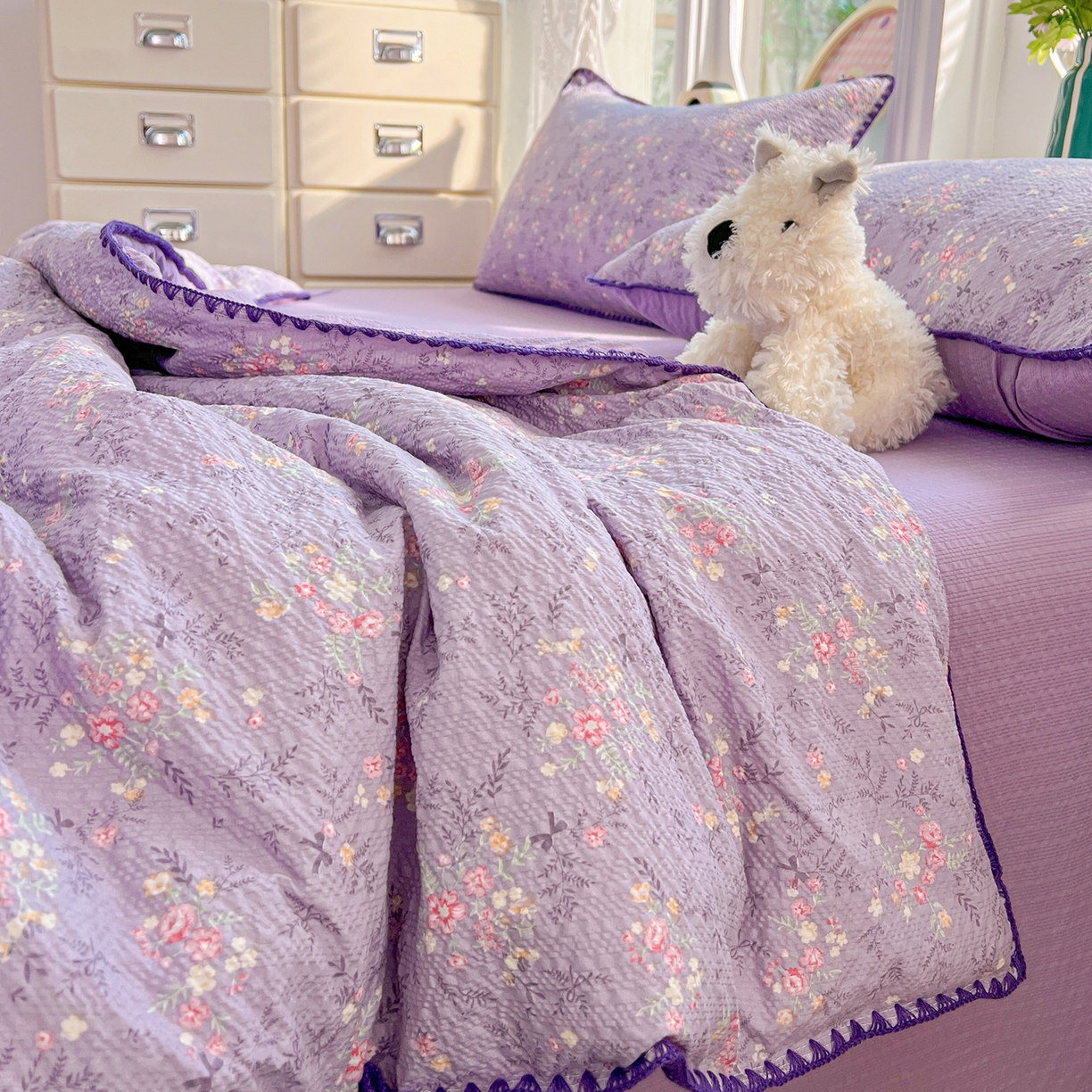 91家纺网 家纺一手货源 找家纺 恒尚居 2026新款A类泡芙纱贝壳边夏被夏凉被四件套空调被三角针绣边 【花间紫】贝壳边