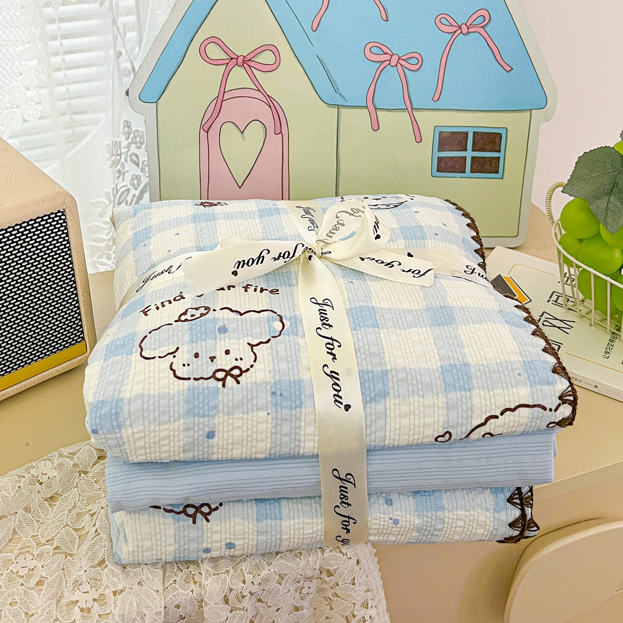 91家纺网 家纺一手货源 找家纺 恒尚居 2026新款A类泡芙纱贝壳边夏被夏凉被四件套空调被三角针绣边 【兰格奶狗】贝壳边