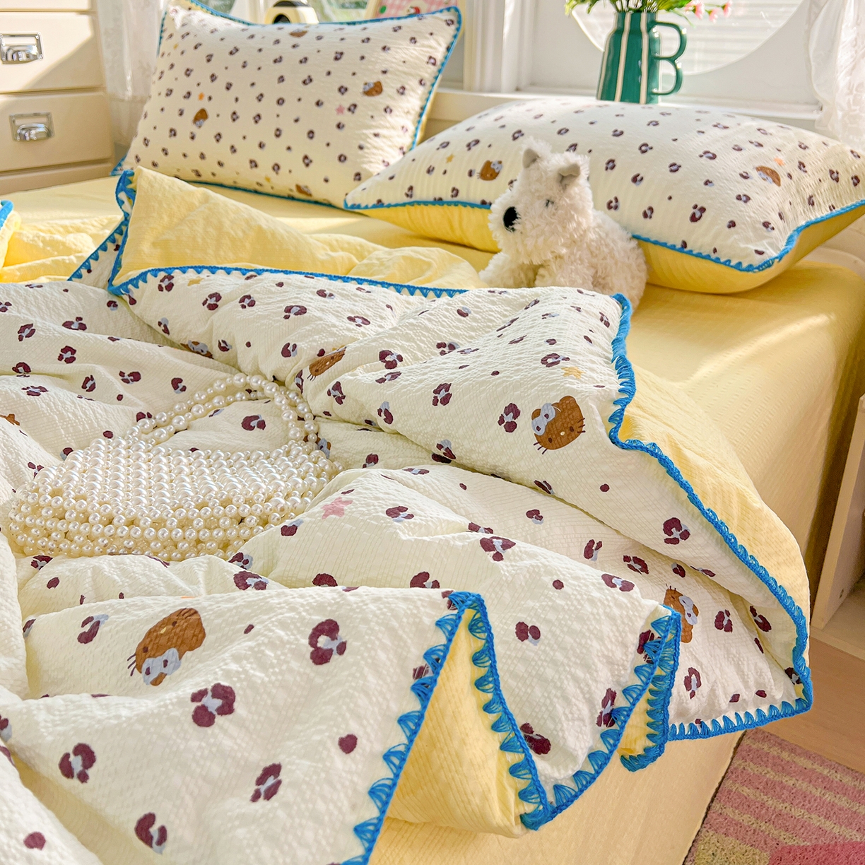 91家纺网 家纺一手货源 找家纺 恒尚居 2026新款A类泡芙纱贝壳边夏被夏凉被四件套空调被三角针绣边 【奶呼小猫】贝壳边