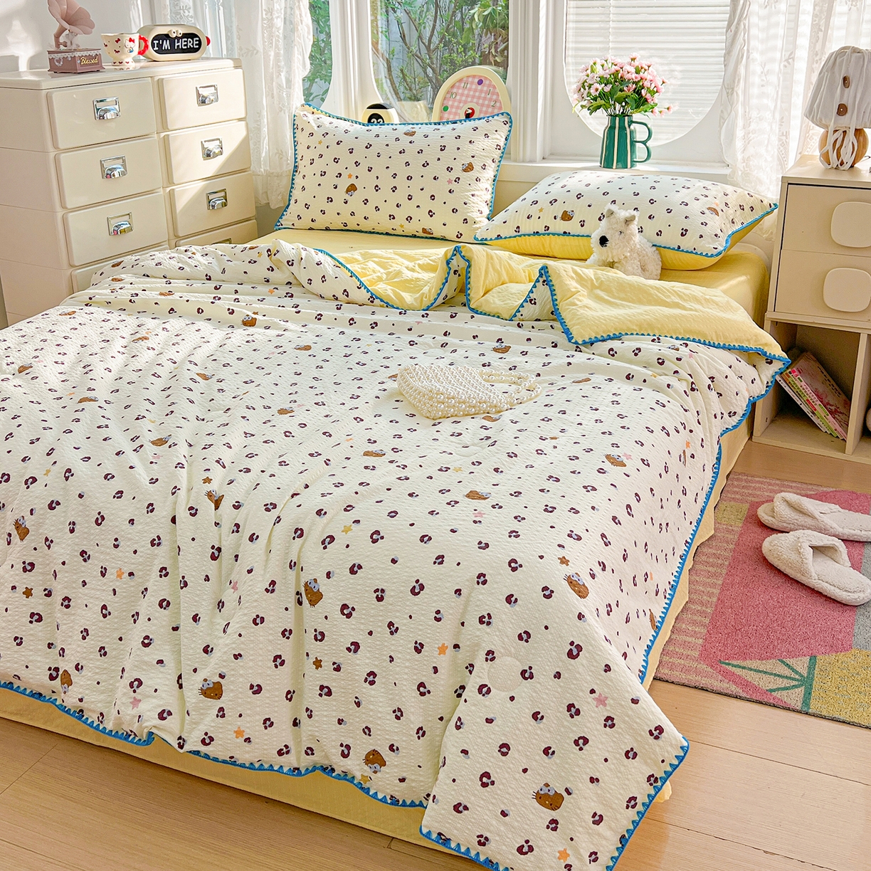 91家纺网 家纺一手货源 找家纺 恒尚居 2026新款A类泡芙纱贝壳边夏被夏凉被四件套空调被三角针绣边 【奶呼小猫】贝壳边