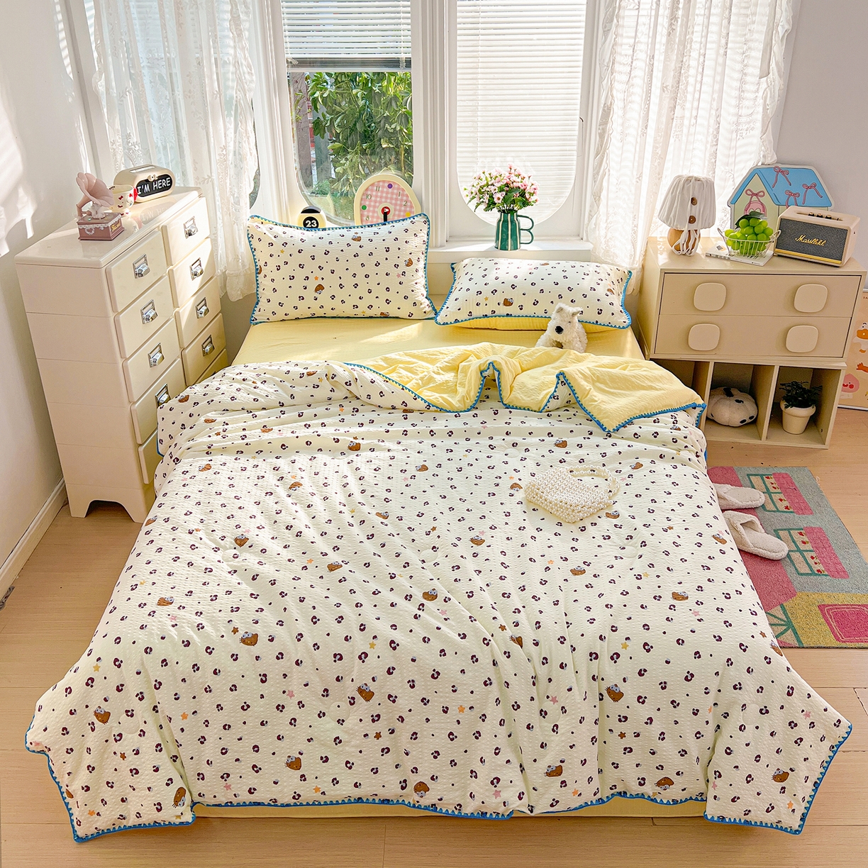 91家纺网 家纺一手货源 找家纺 恒尚居 2026新款A类泡芙纱贝壳边夏被夏凉被四件套空调被三角针绣边 【奶呼小猫】贝壳边