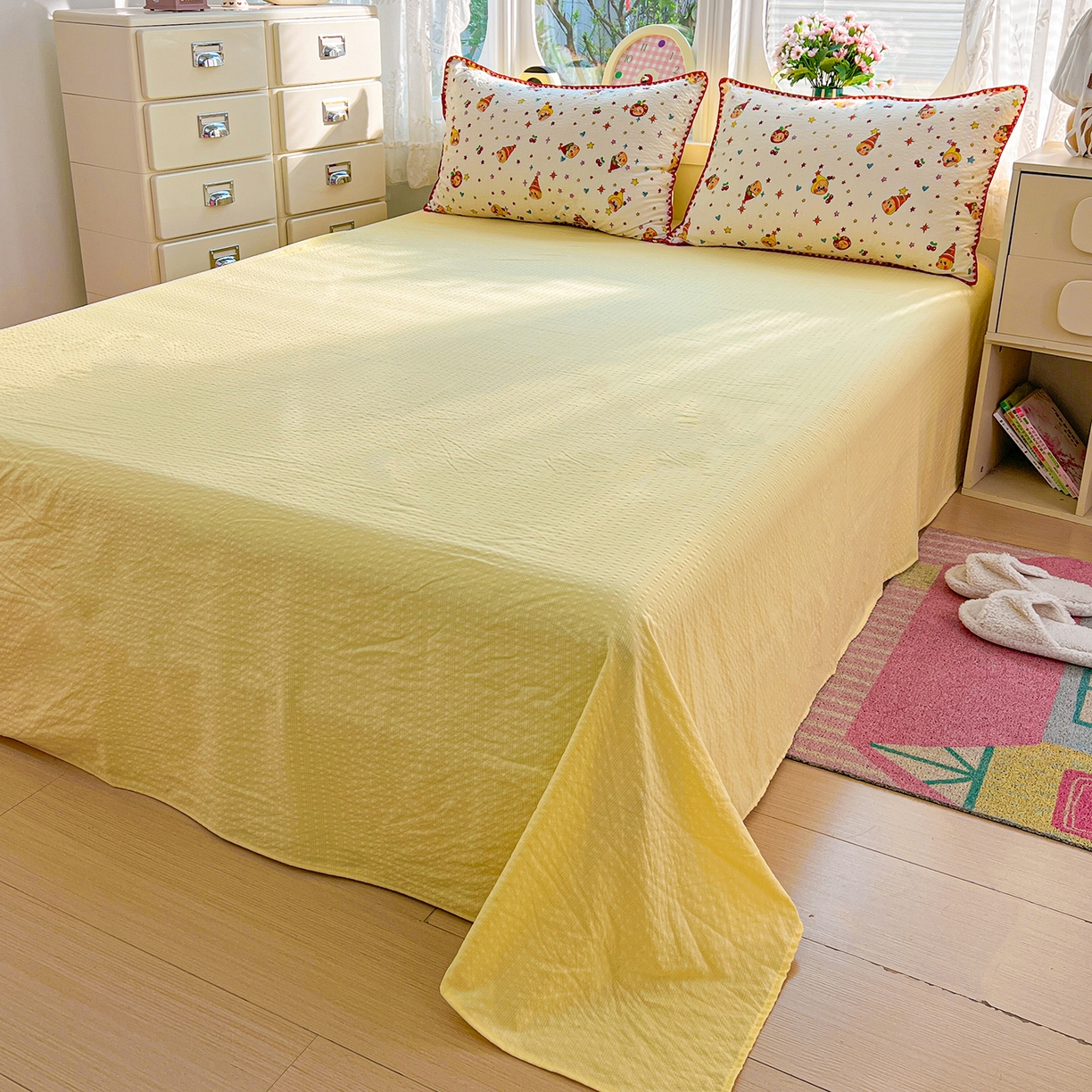 91家纺网 家纺一手货源 找家纺 恒尚居 2026新款A类泡芙纱贝壳边夏被夏凉被四件套空调被三角针绣边 【奶黄星星人】贝壳边