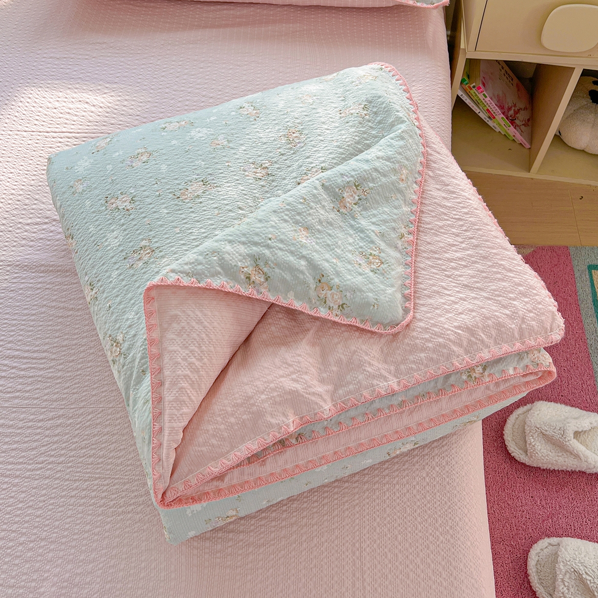 恒尚居 2026新款A类泡芙纱贝壳边夏被夏凉被四件套空调被三角针绣边 【清新粉玫瑰】贝壳边