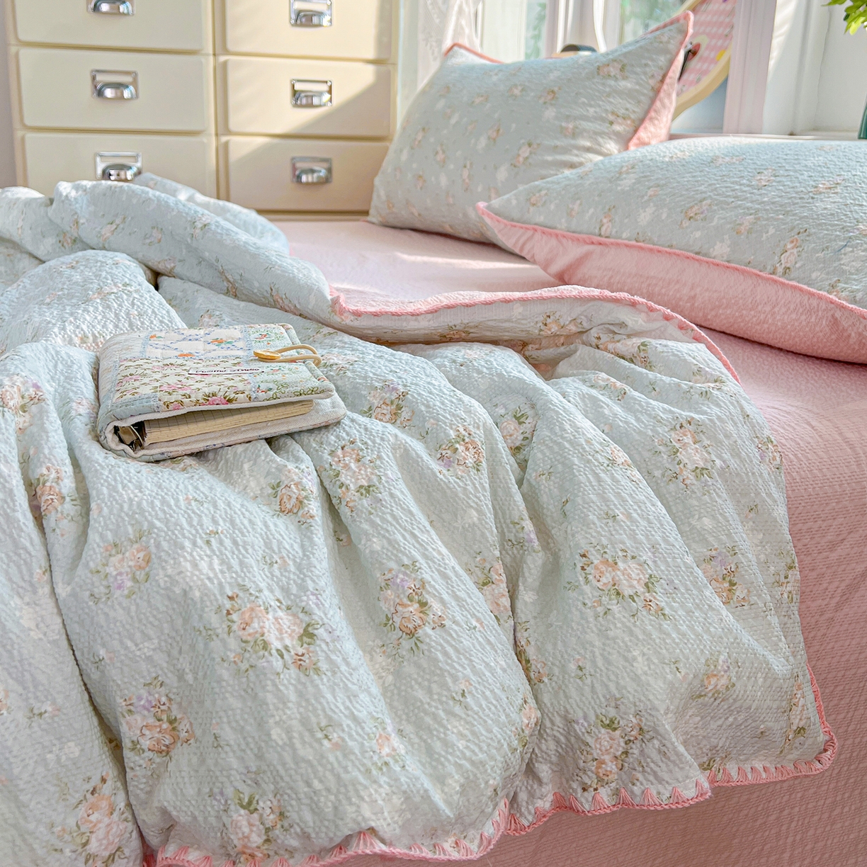 91家纺网 家纺一手货源 找家纺 恒尚居 2026新款A类泡芙纱贝壳边夏被夏凉被四件套空调被三角针绣边 【清新粉玫瑰】贝壳边