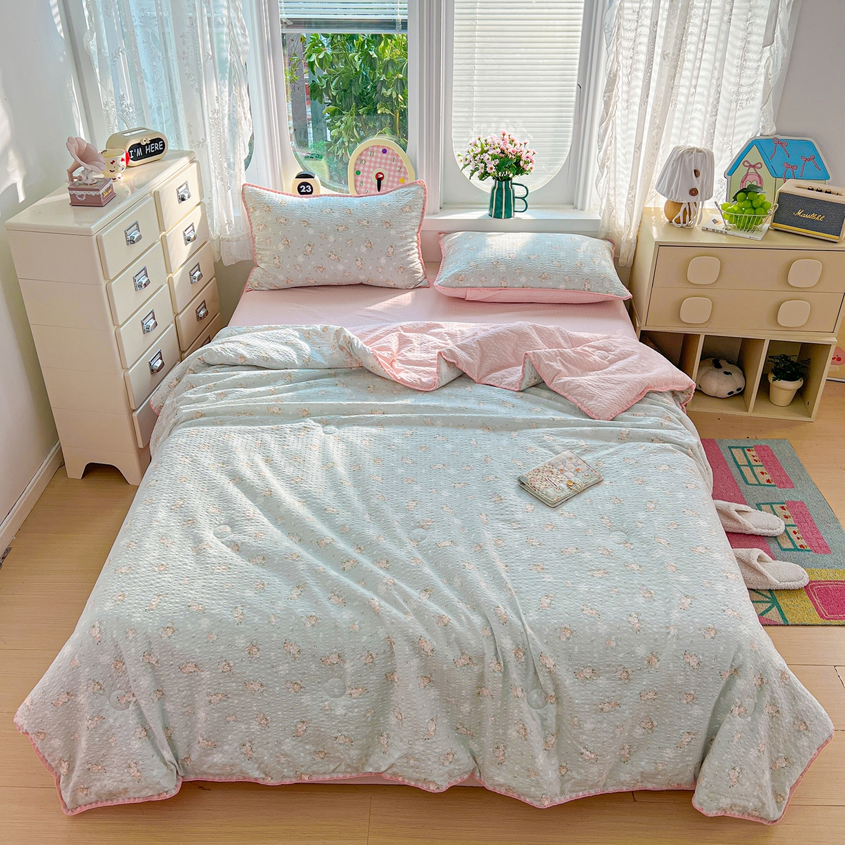 91家纺网 家纺一手货源 找家纺 恒尚居 2026新款A类泡芙纱贝壳边夏被夏凉被四件套空调被三角针绣边 【清新粉玫瑰】贝壳边