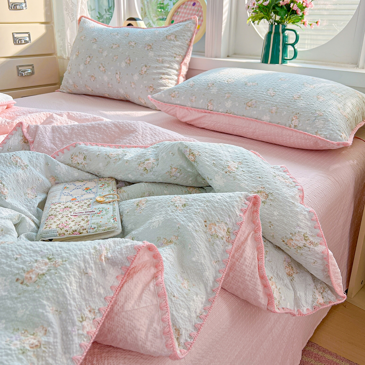 91家纺网 家纺一手货源 找家纺 恒尚居 2026新款A类泡芙纱贝壳边夏被夏凉被四件套空调被三角针绣边 【清新粉玫瑰】贝壳边