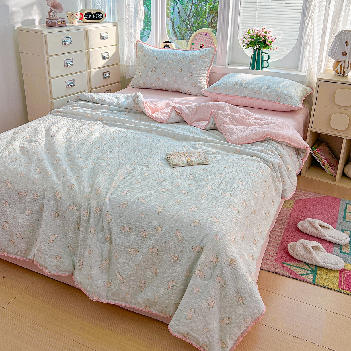 91家纺网 家纺一手货源 找家纺 恒尚居 2026新款A类泡芙纱贝壳边夏被夏凉被四件套空调被三角针绣边 【清新粉玫瑰】贝壳边