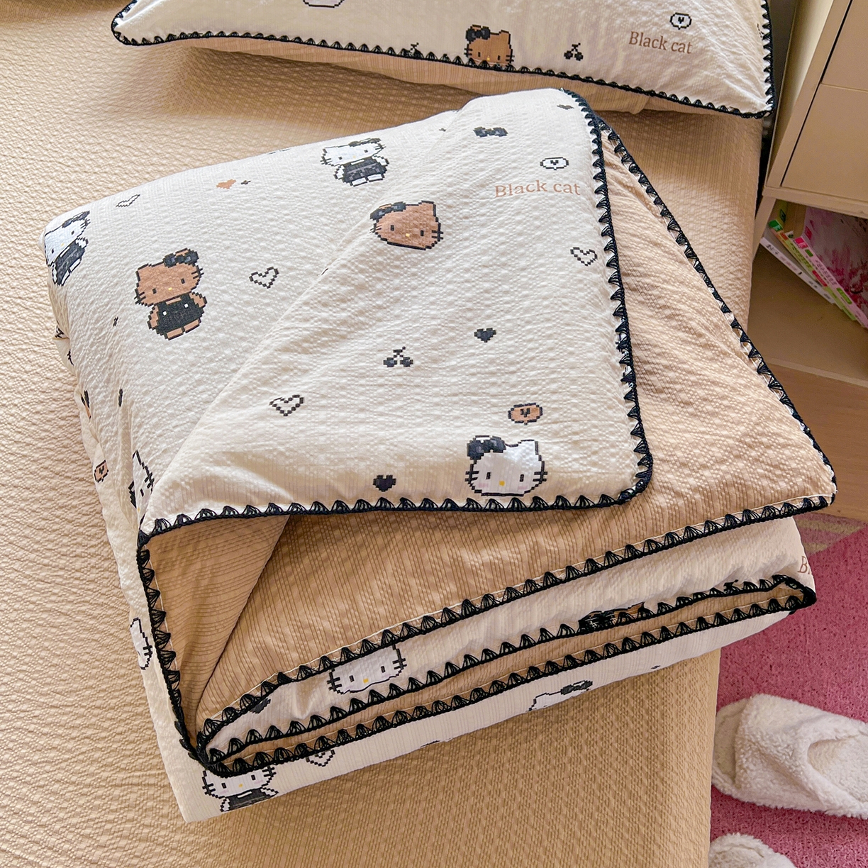 恒尚居 2026新款A类泡芙纱贝壳边夏被夏凉被四件套空调被三角针绣边 【甜妹小猫】贝壳边