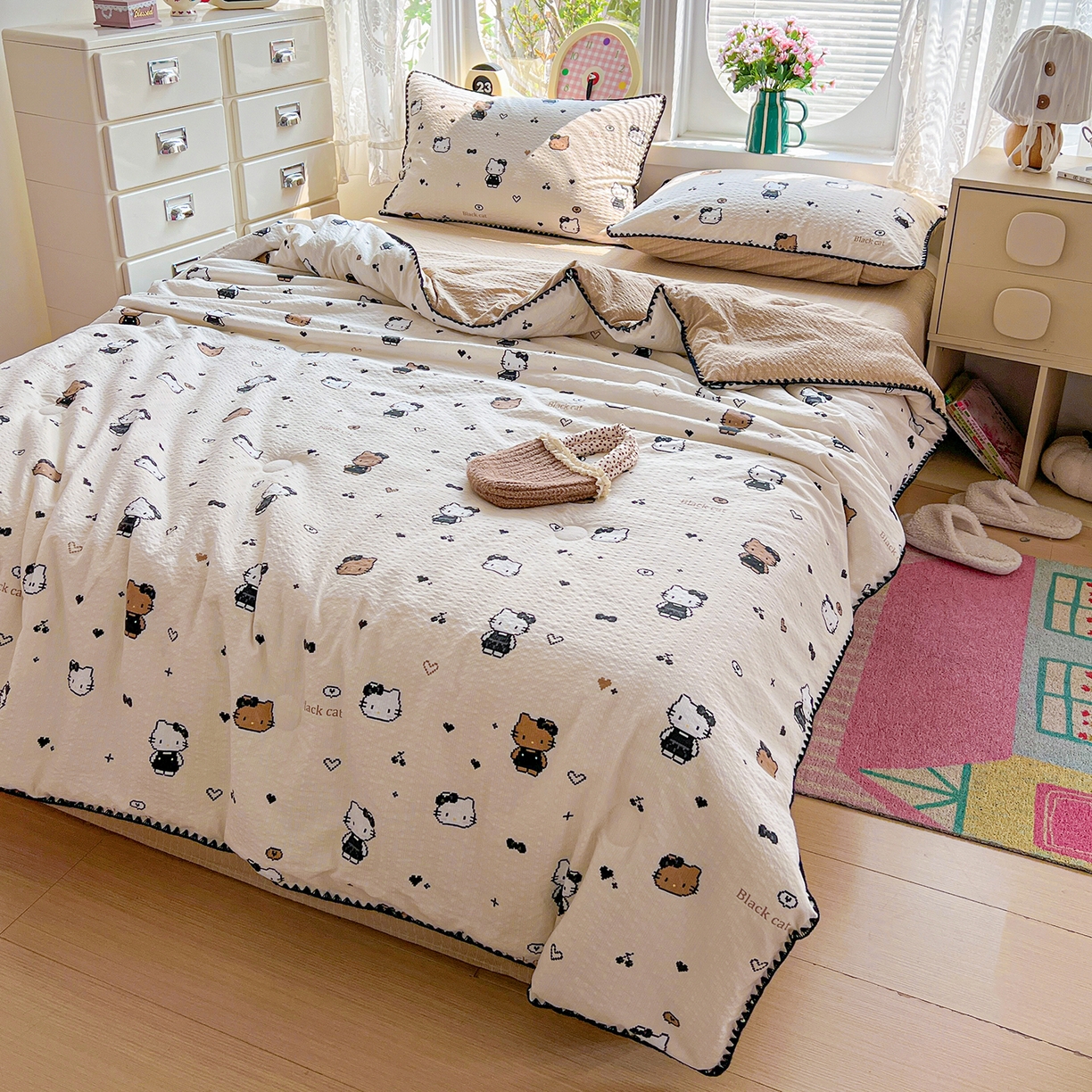 91家纺网 家纺一手货源 找家纺 恒尚居 2026新款A类泡芙纱贝壳边夏被夏凉被四件套空调被三角针绣边 【甜妹小猫】贝壳边