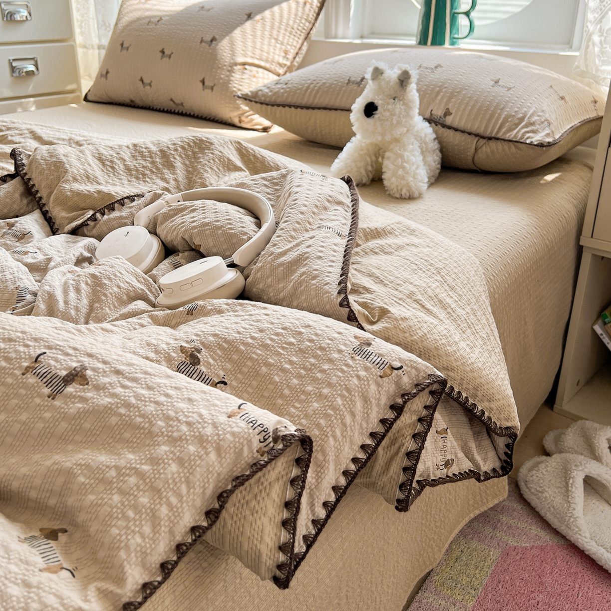 91家纺网 家纺一手货源 找家纺 恒尚居 2026新款A类泡芙纱贝壳边夏被夏凉被四件套空调被三角针绣边 【旺财】贝壳边