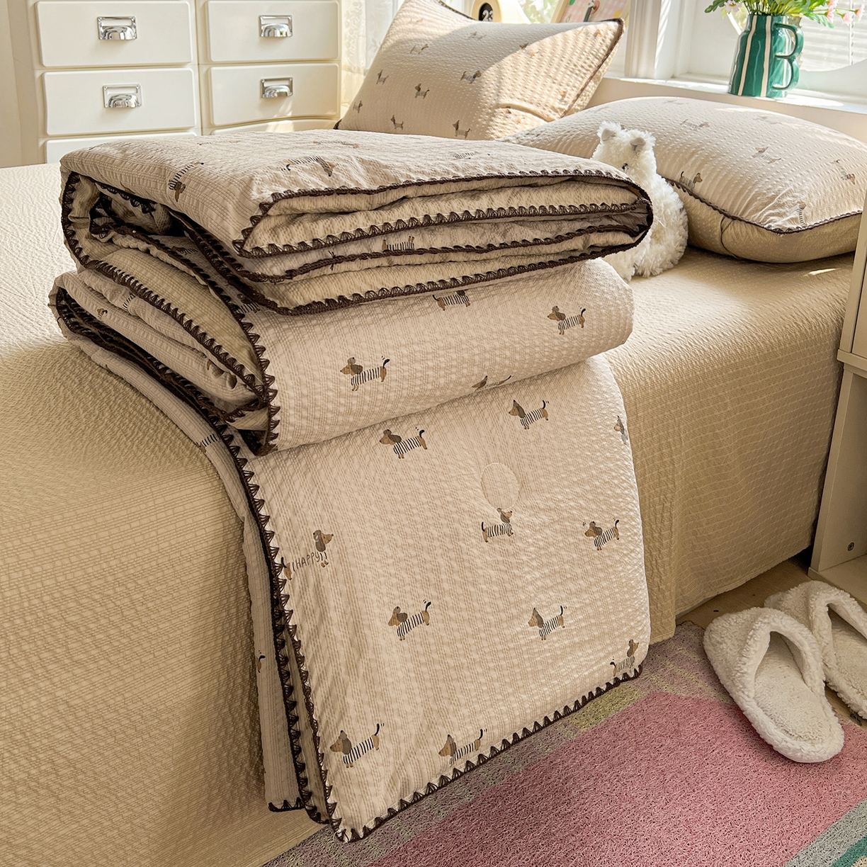 91家纺网 家纺一手货源 找家纺 恒尚居 2026新款A类泡芙纱贝壳边夏被夏凉被四件套空调被三角针绣边 【旺财】贝壳边