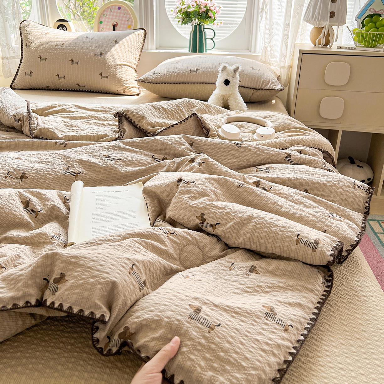 91家纺网 家纺一手货源 找家纺 恒尚居 2026新款A类泡芙纱贝壳边夏被夏凉被四件套空调被三角针绣边 【旺财】贝壳边