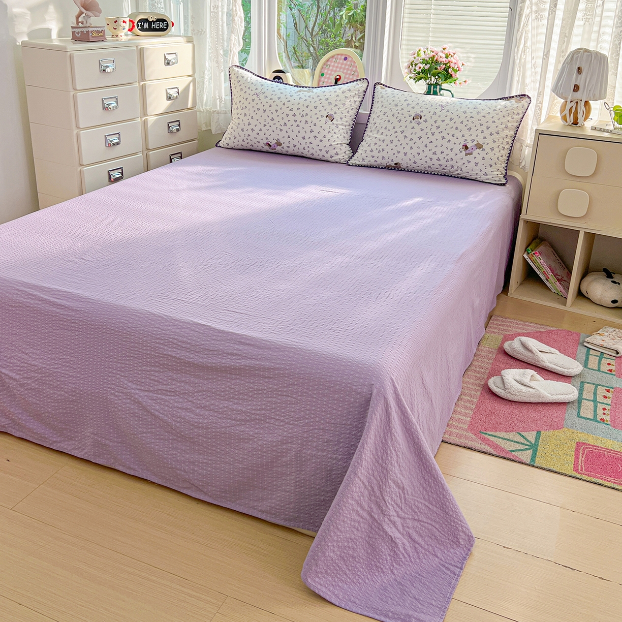 91家纺网 家纺一手货源 找家纺 恒尚居 2026新款A类泡芙纱贝壳边夏被夏凉被四件套空调被三角针绣边 【紫调小狗】贝壳边