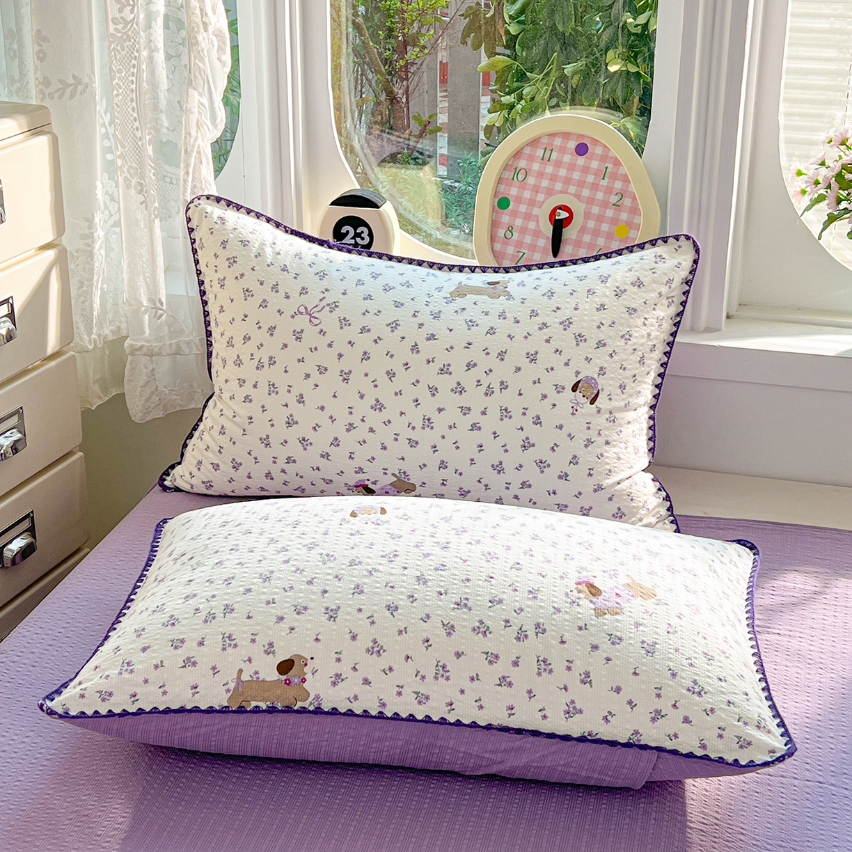 91家纺网 家纺一手货源 找家纺 恒尚居 2026新款A类泡芙纱贝壳边夏被夏凉被四件套空调被三角针绣边 【紫调小狗】贝壳边