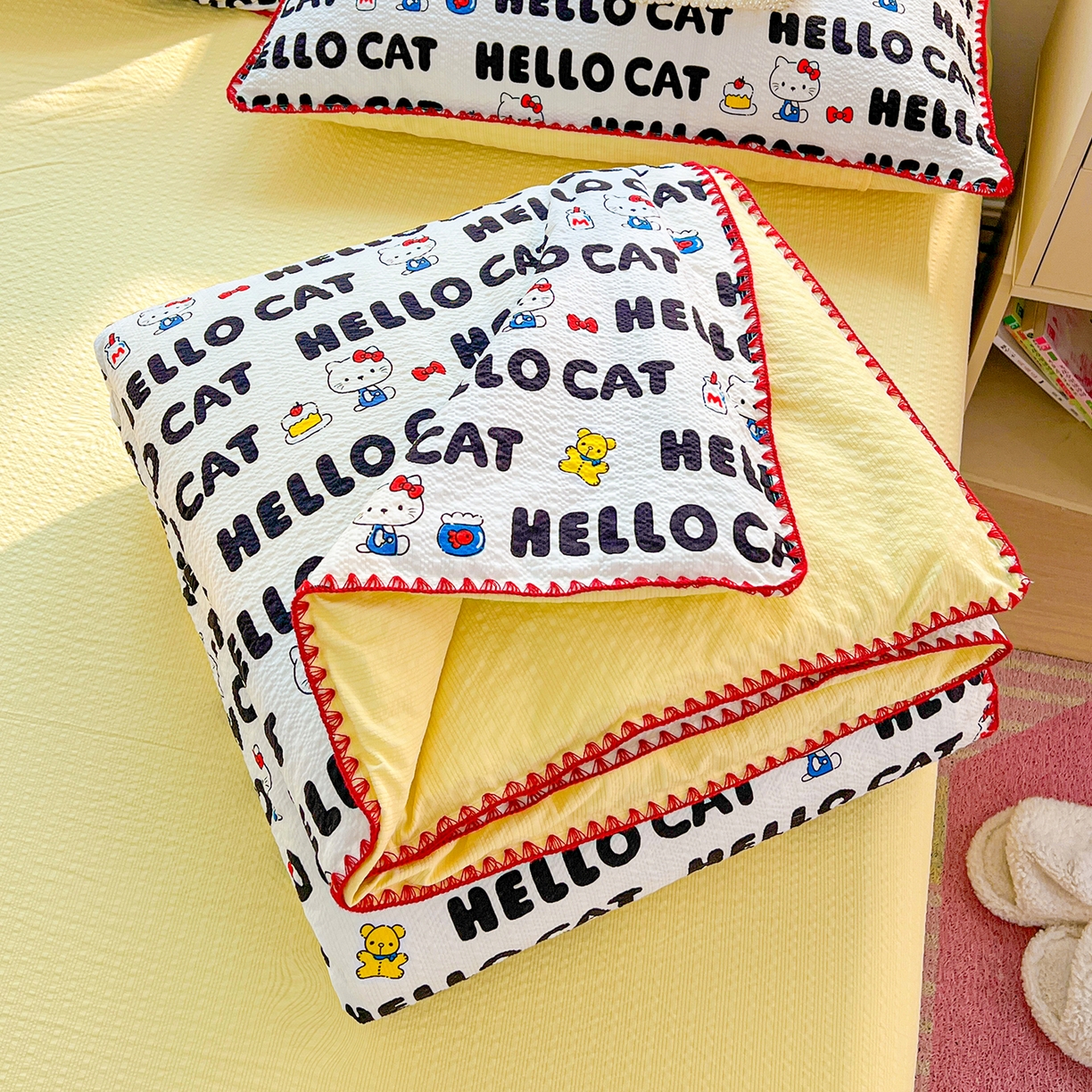 恒尚居 2026新款A类泡芙纱贝壳边夏被夏凉被四件套空调被三角针绣边 【字母喵喵】贝壳边