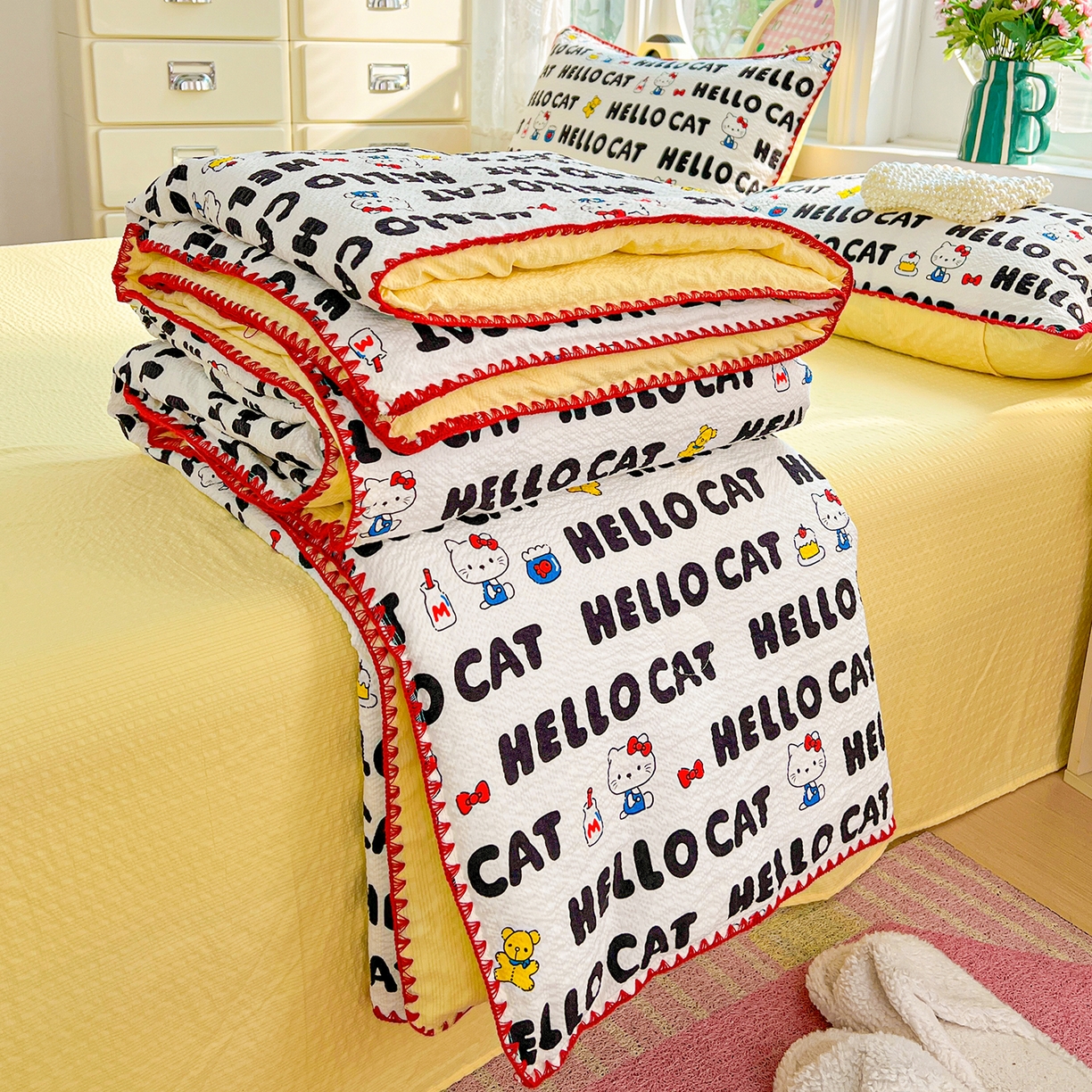 91家纺网 家纺一手货源 找家纺 恒尚居 2026新款A类泡芙纱贝壳边夏被夏凉被四件套空调被三角针绣边 【字母喵喵】贝壳边