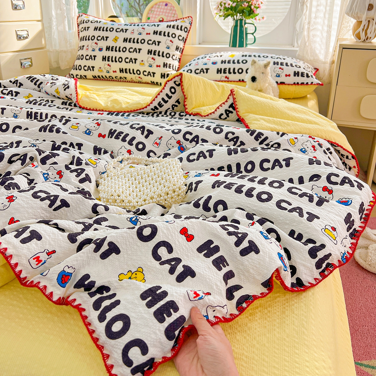 91家纺网 家纺一手货源 找家纺 恒尚居 2026新款A类泡芙纱贝壳边夏被夏凉被四件套空调被三角针绣边 【字母喵喵】贝壳边