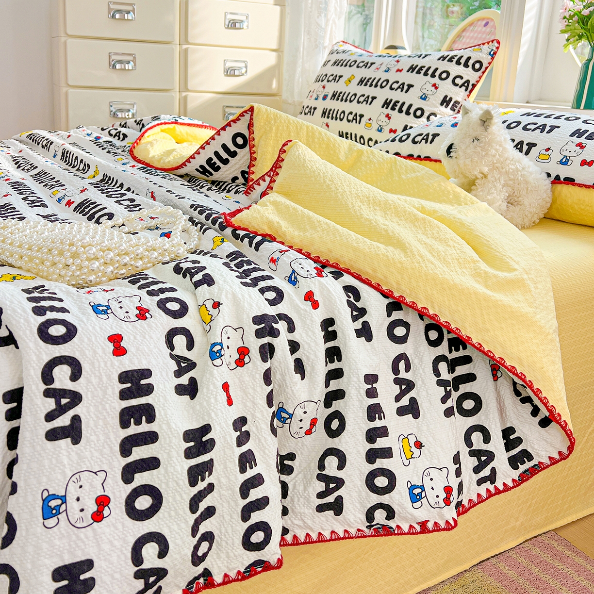 91家纺网 家纺一手货源 找家纺 恒尚居 2026新款A类泡芙纱贝壳边夏被夏凉被四件套空调被三角针绣边 【字母喵喵】贝壳边