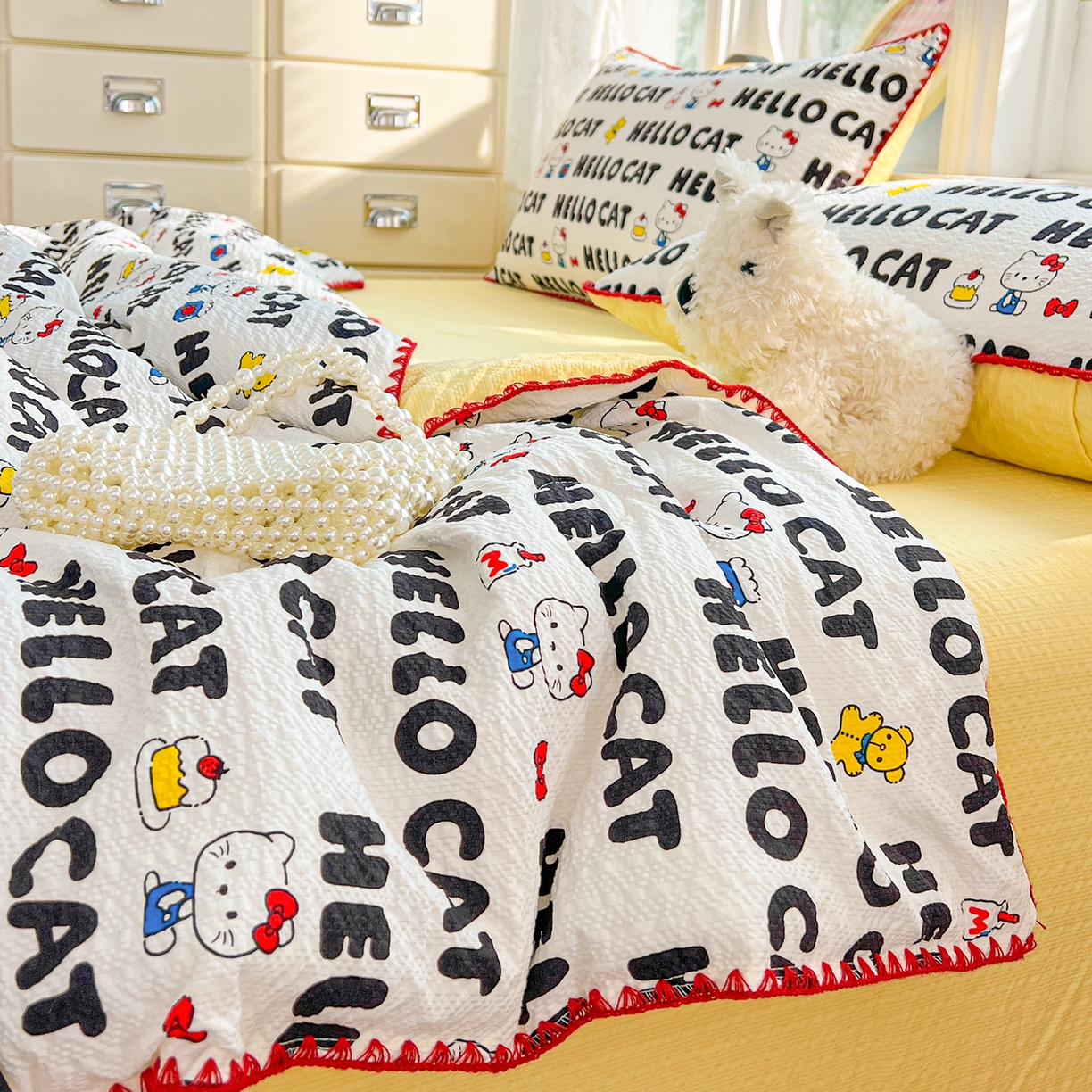 91家纺网 家纺一手货源 找家纺 恒尚居 2026新款A类泡芙纱贝壳边夏被夏凉被四件套空调被三角针绣边 【字母喵喵】贝壳边