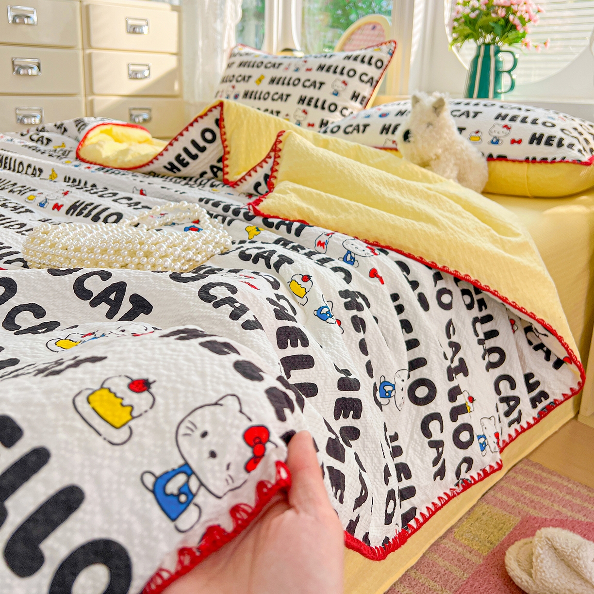 91家纺网 家纺一手货源 找家纺 恒尚居 2026新款A类泡芙纱贝壳边夏被夏凉被四件套空调被三角针绣边 【字母喵喵】贝壳边