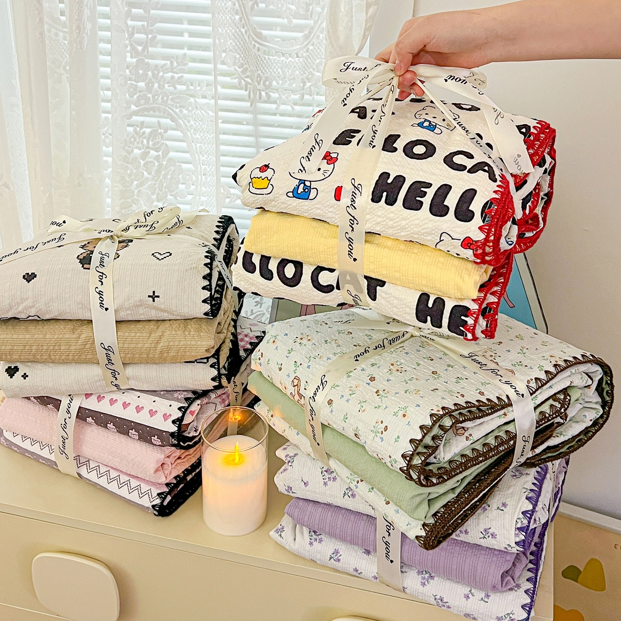 91家纺网 家纺一手货源 找家纺 恒尚居 2026新款A类泡芙纱贝壳边夏被夏凉被四件套空调被三角针绣边 组合图仅供展示不可下单