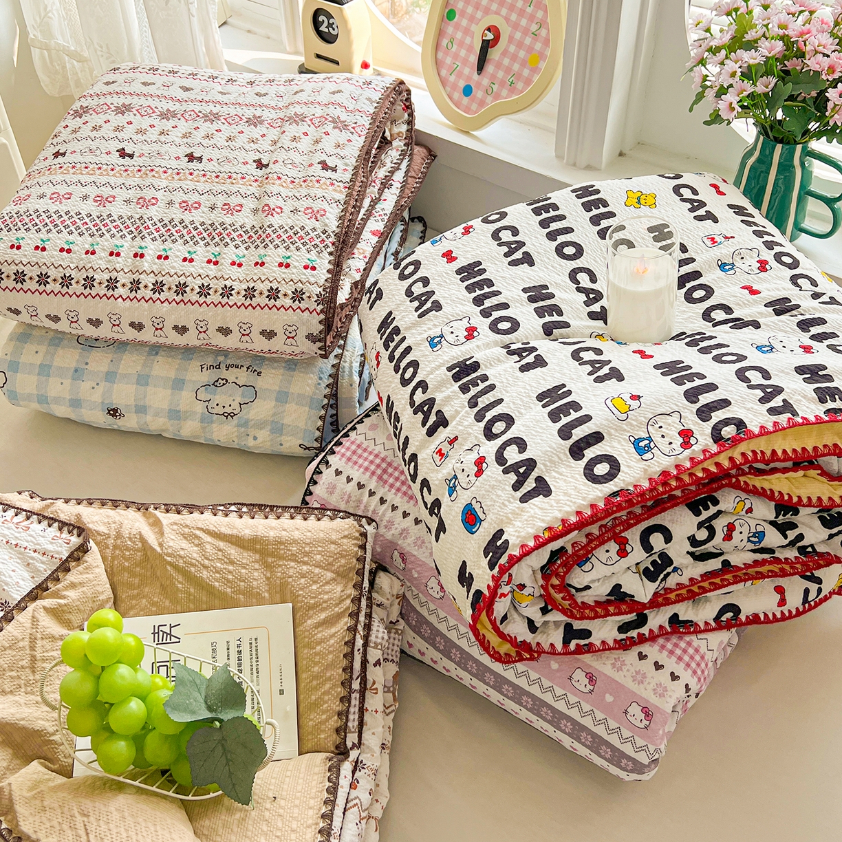 91家纺网 家纺一手货源 找家纺 恒尚居 2026新款A类泡芙纱贝壳边夏被夏凉被四件套空调被三角针绣边 组合图仅供展示不可下单