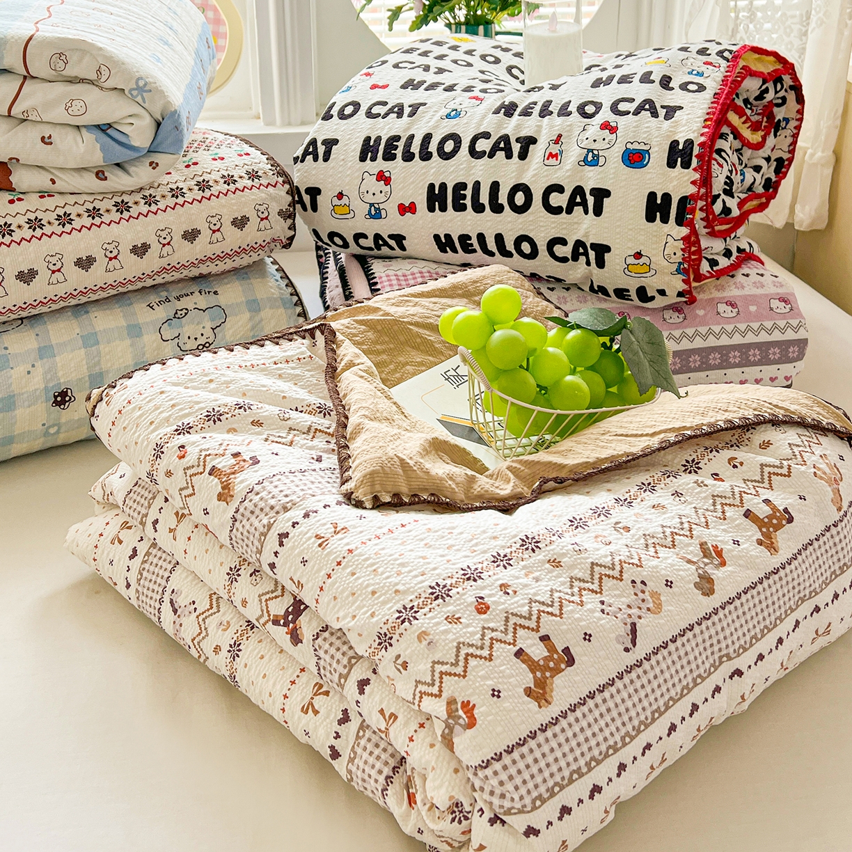 91家纺网 家纺一手货源 找家纺 恒尚居 2026新款A类泡芙纱贝壳边夏被夏凉被四件套空调被三角针绣边 组合图仅供展示不可下单