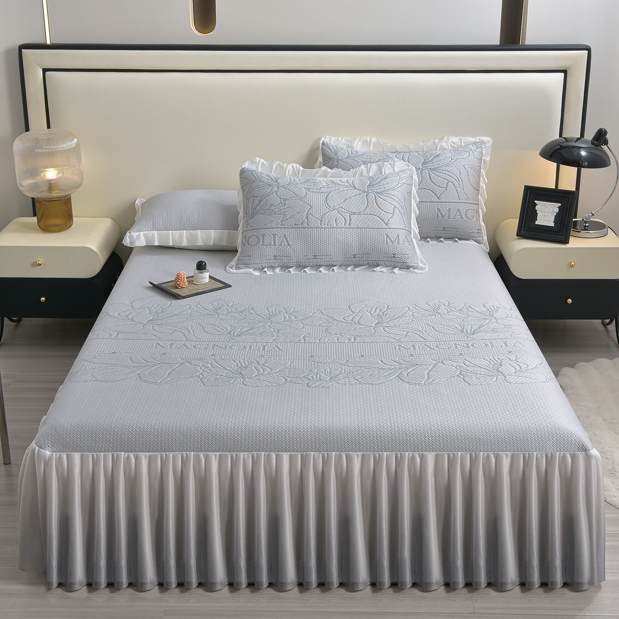 赛丽雅 2026春夏新款480克A类PE聚乙烯提花冰豆豆凉感床裙款凉席三件套席子空调软席 彼岸花-灰