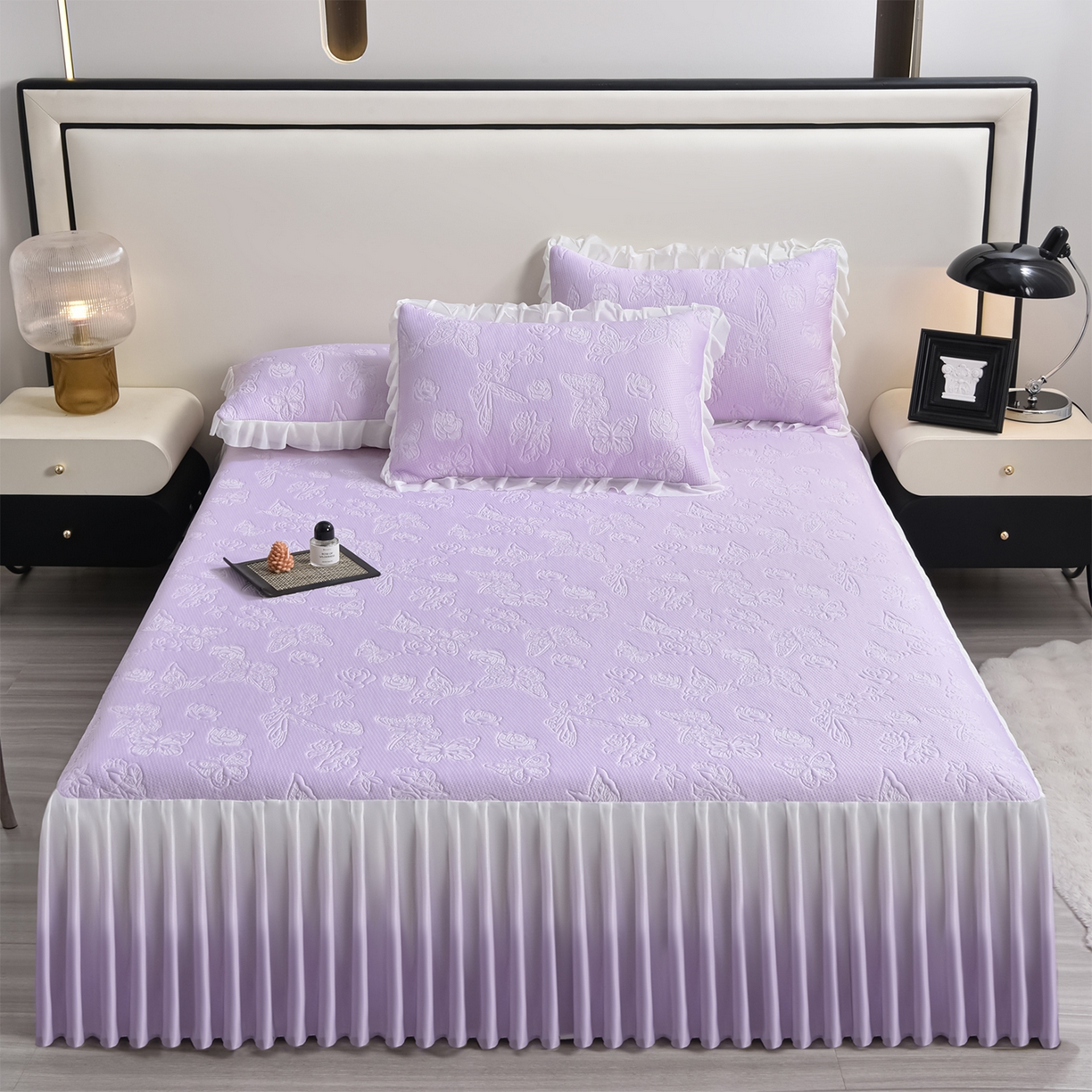 赛丽雅 2026春夏新款480克A类PE聚乙烯提花冰豆豆凉感床裙款凉席三件套席子空调软席 浮蝶玫瑰-紫