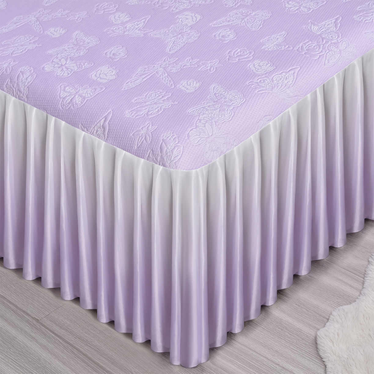 91家纺网 家纺一手货源 找家纺 赛丽雅 2026春夏新款480克A类PE聚乙烯提花冰豆豆凉感床裙款凉席三件套席子空调软席 浮蝶玫瑰-紫