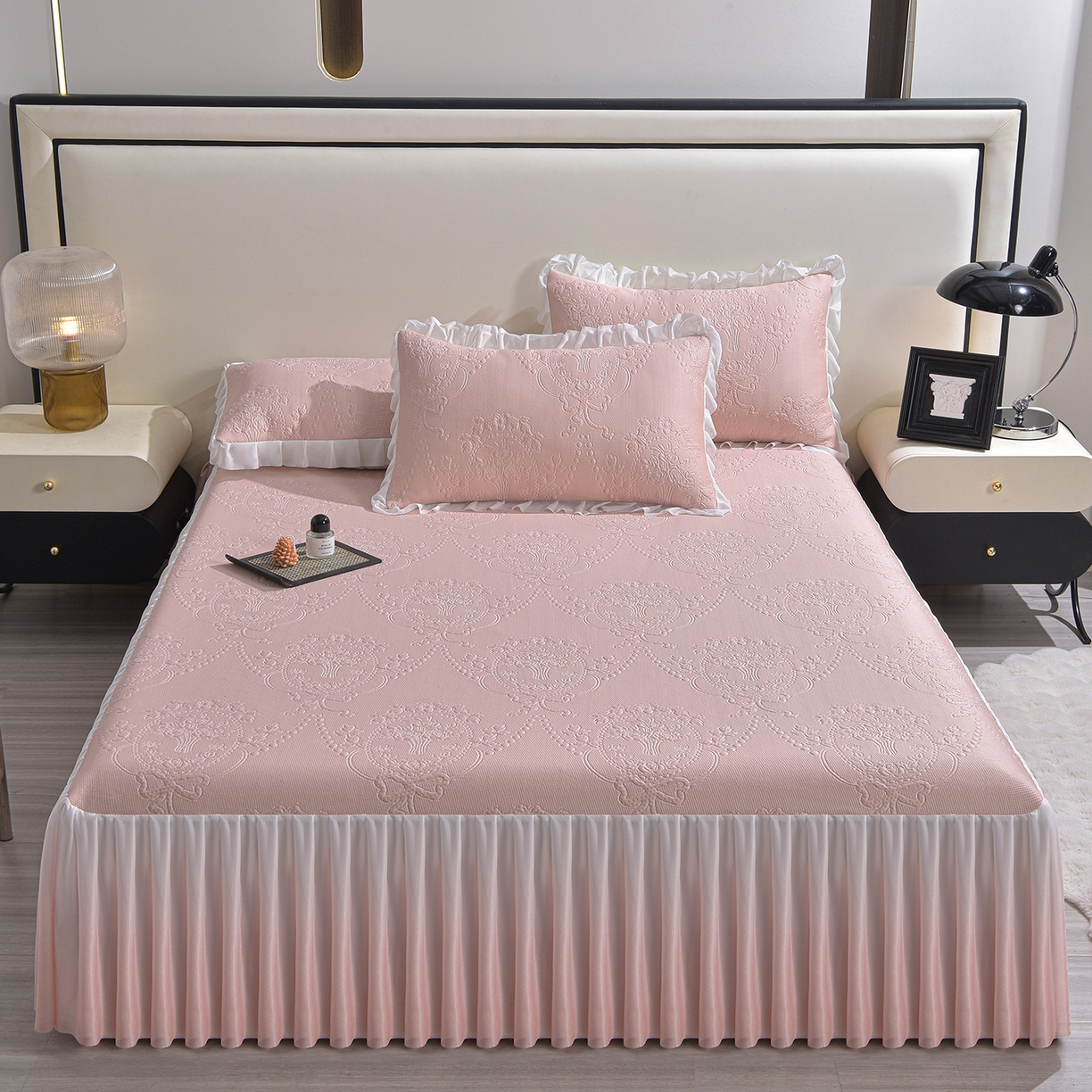 赛丽雅 2026春夏新款480克A类PE聚乙烯提花冰豆豆凉感床裙款凉席三件套席子空调软席 可可花镜-粉