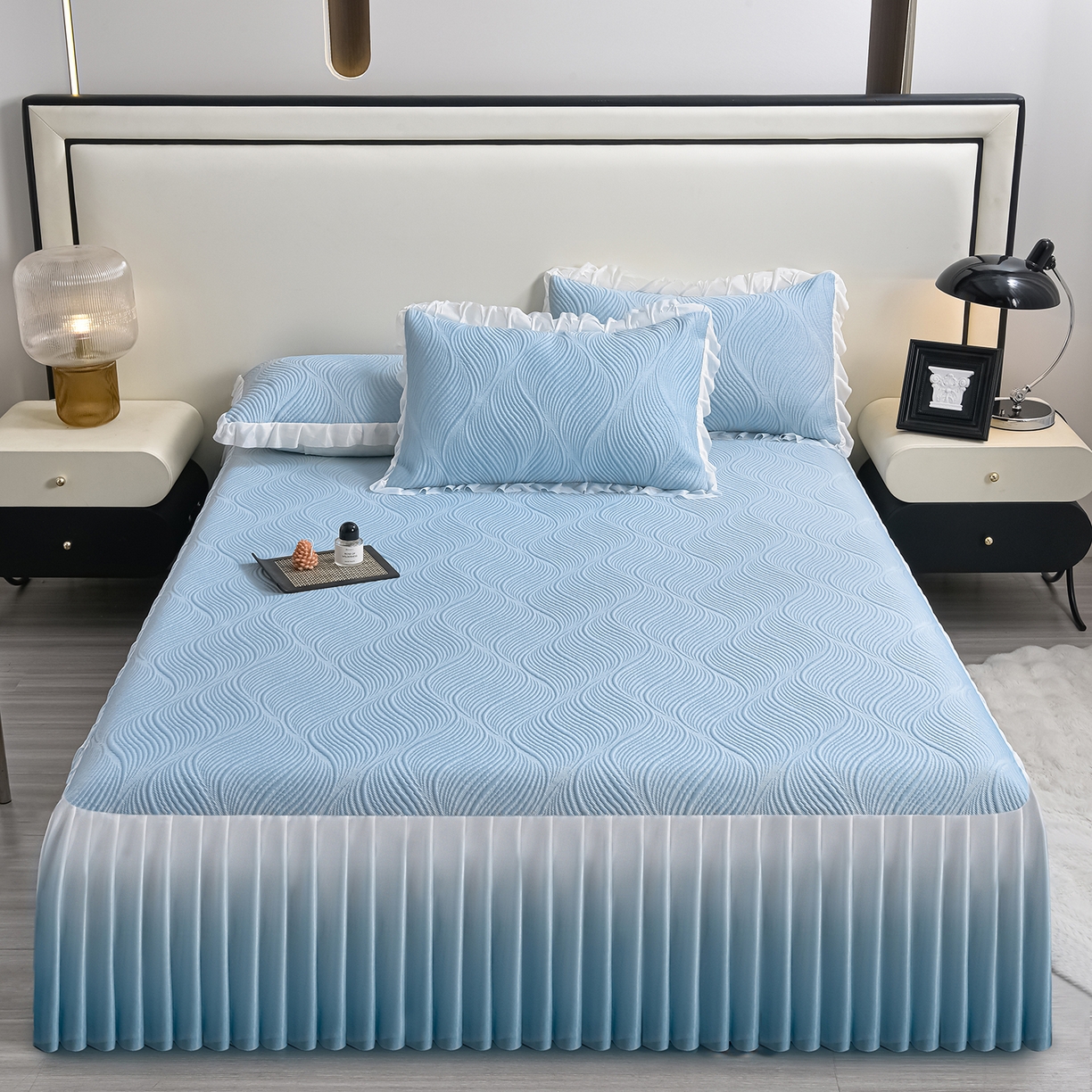 赛丽雅 2026春夏新款480克A类PE聚乙烯提花冰豆豆凉感床裙款凉席三件套席子空调软席 素色主义-蓝