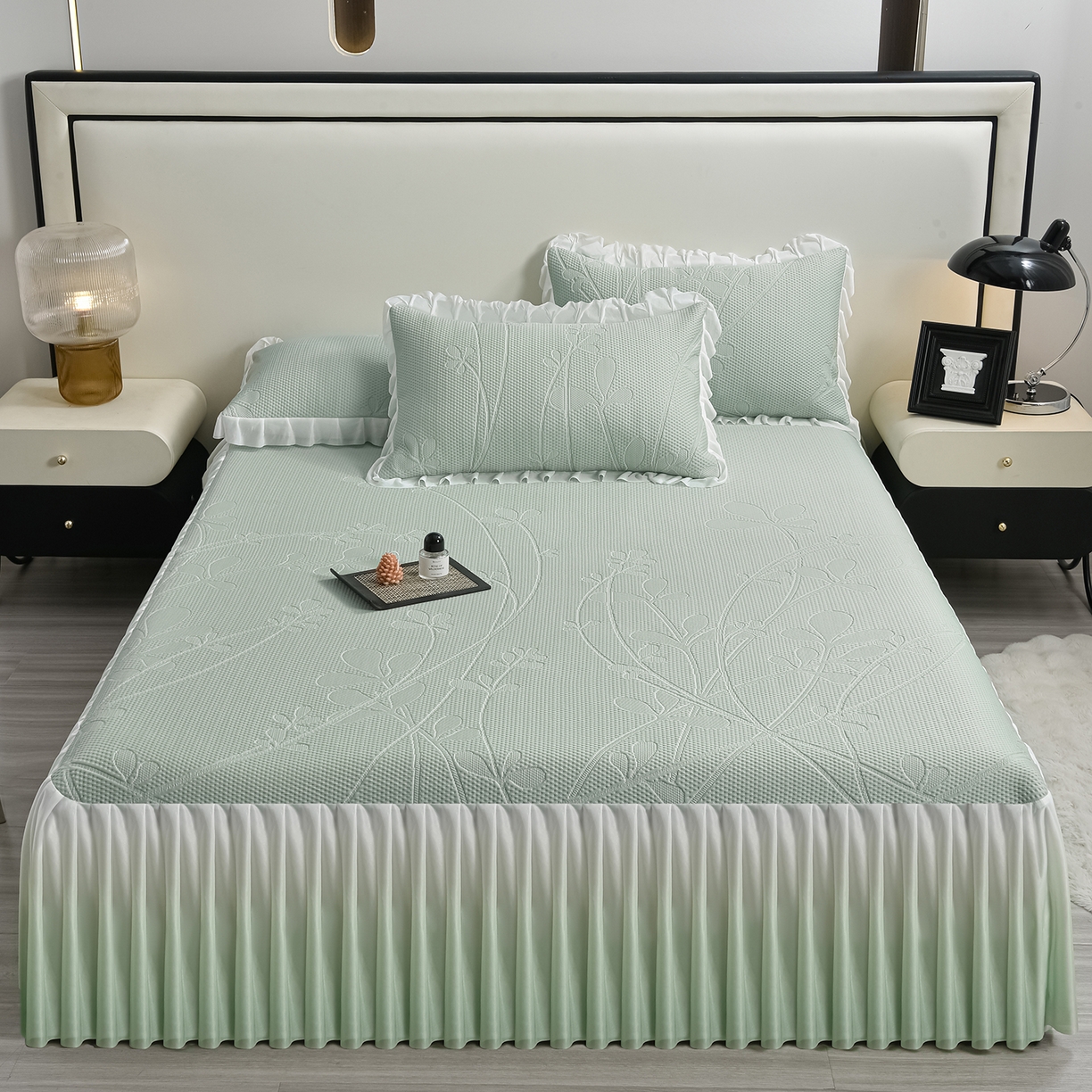 赛丽雅 2026春夏新款480克A类PE聚乙烯提花冰豆豆凉感床裙款凉席三件套席子空调软席 枝夏-绿