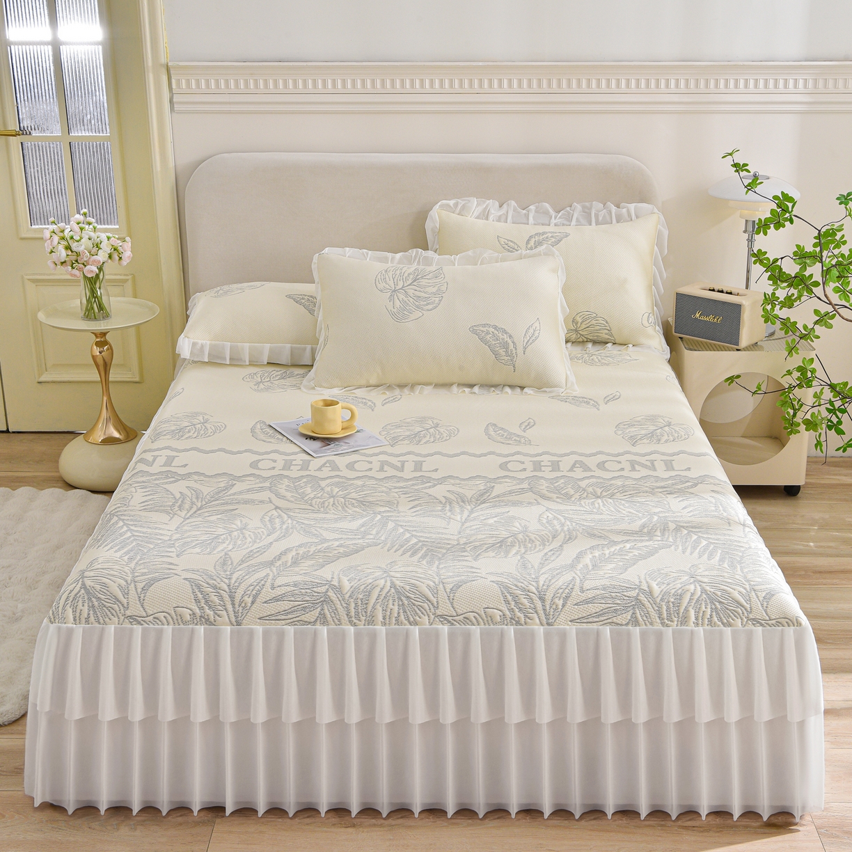 赛丽雅 2026春夏新款400克A类提花冰豆豆凉感床裙款凉席三件套席子空调软席 海岛风情-香槟