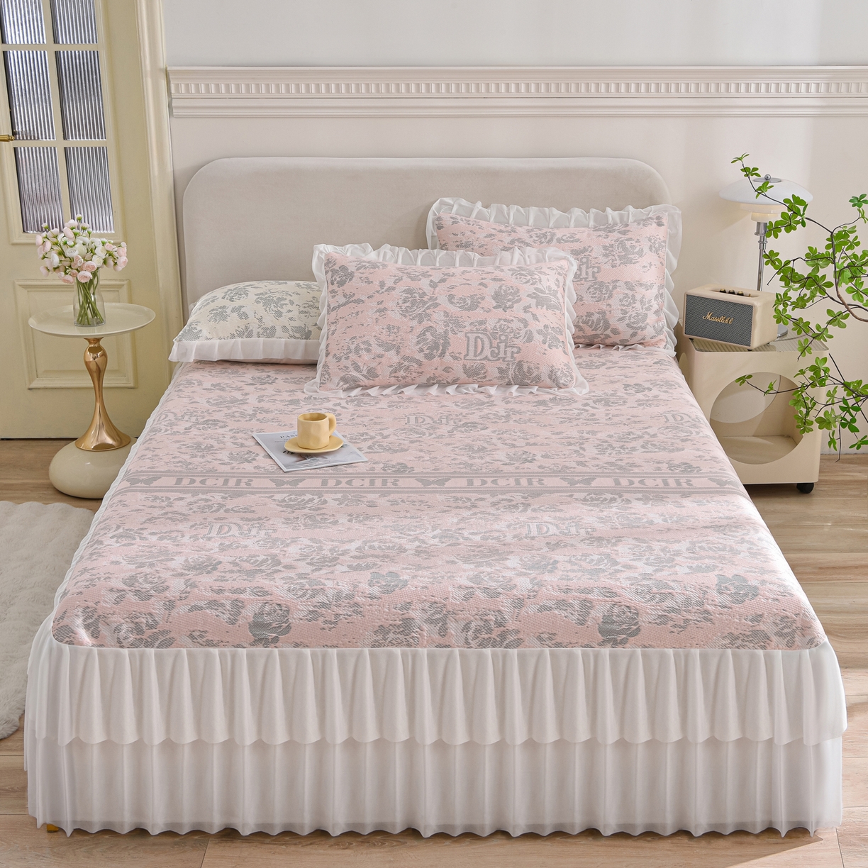 赛丽雅 2026春夏新款400克A类提花冰豆豆凉感床裙款凉席三件套席子空调软席 玫瑰蝶舞-粉